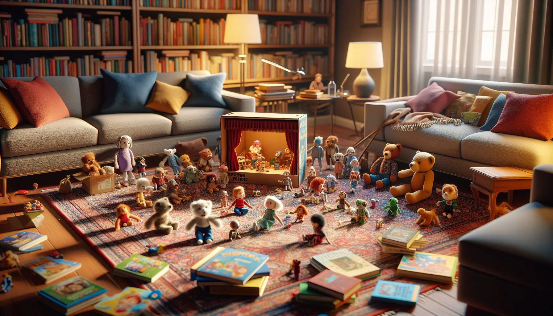 Generate an image of a joyful scene with storytelling puppets and family playing, surrounded by props.