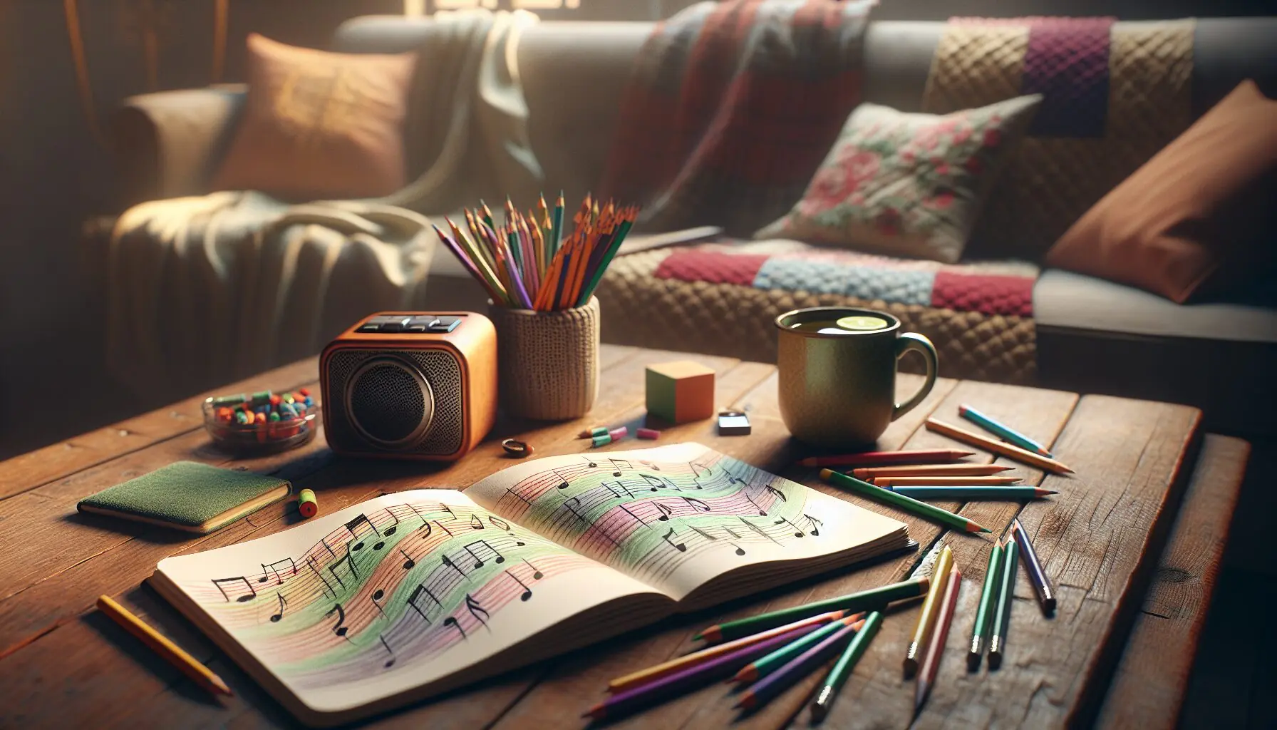 Generate an image of vibrant music notes and emotions illustrated around an open journal sketchpad.