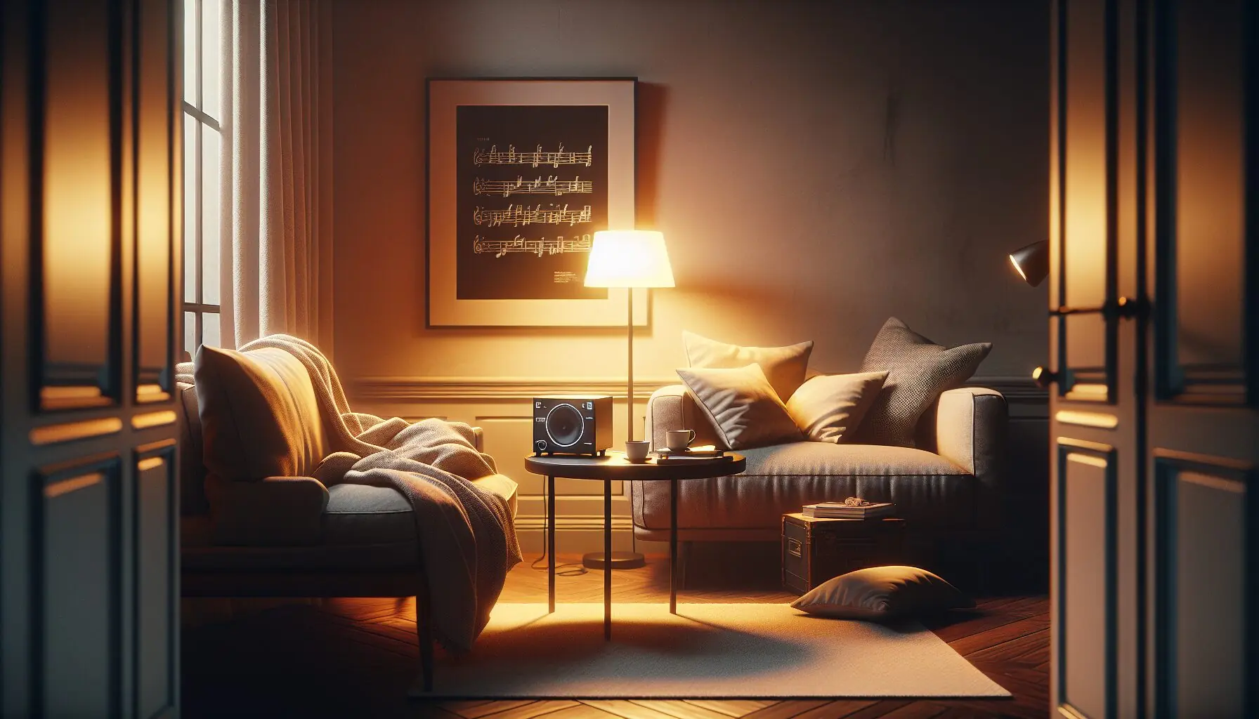 Generate an image of a dimly lit room with comfortable pillows, a blanket, and a small music player.