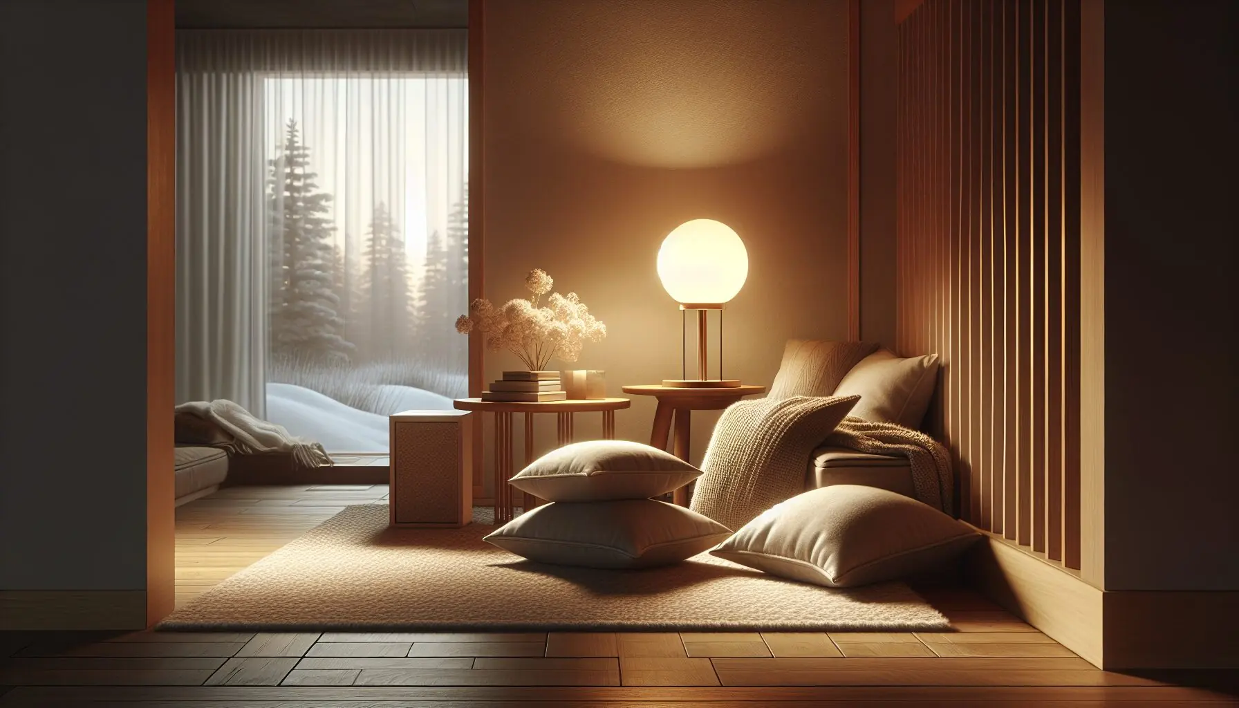 Generate an image of a cozy room with a glowing lamp, plush pillows, and a peaceful atmosphere.