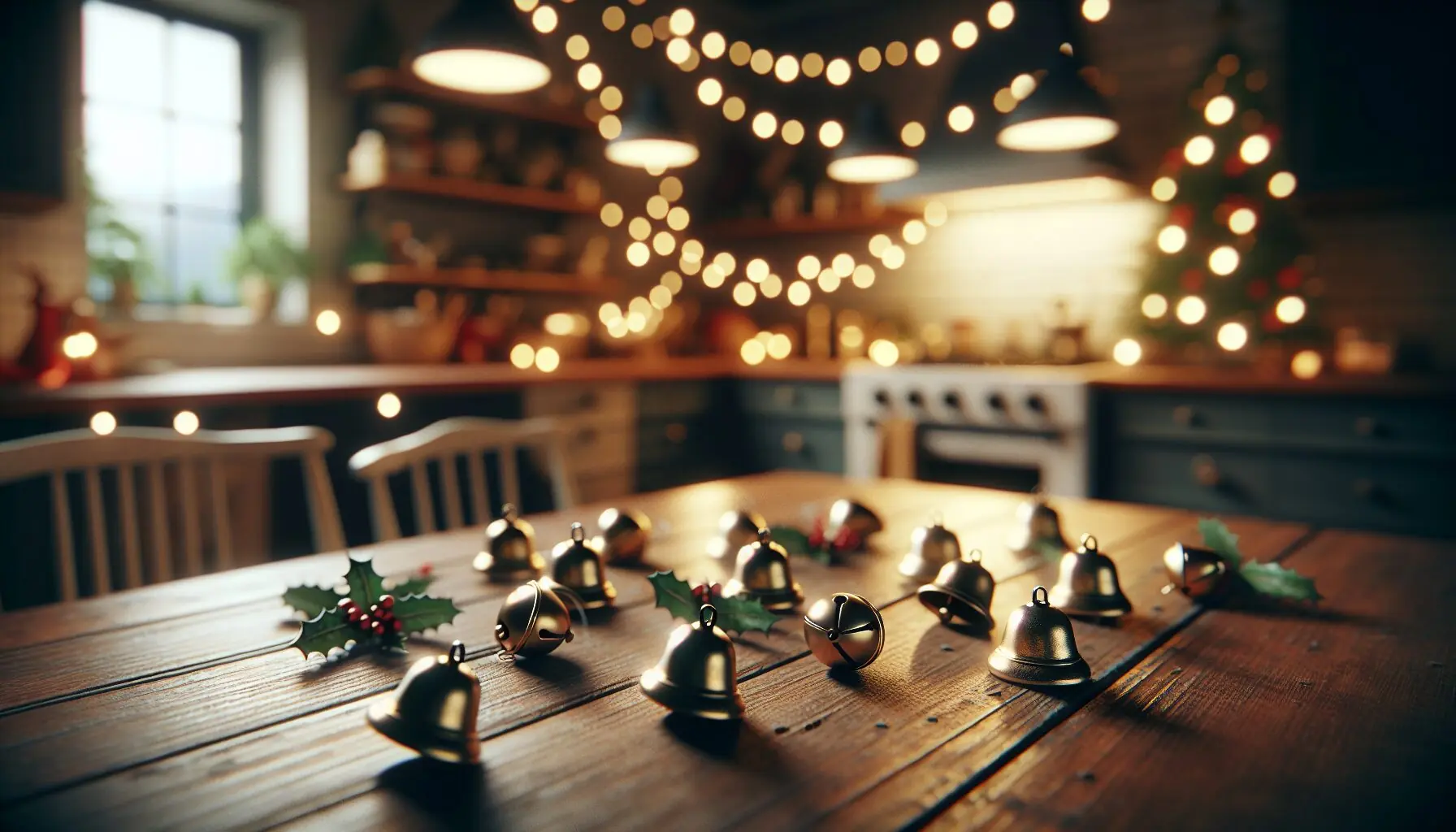 Generate an image of small holiday bells scattered on a festive holiday-themed table, with twinkling lights in the background.