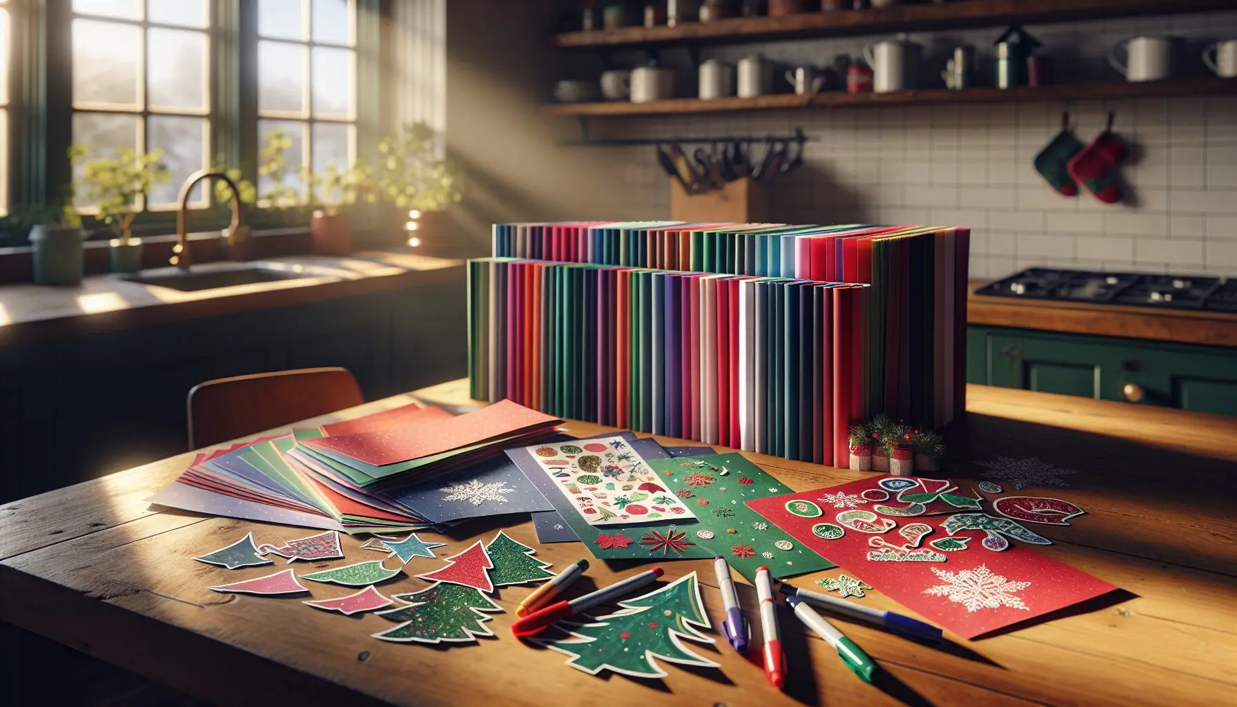 Create an image of various colorful pieces of cardstock paper, markers, and stickers laid out on a table.