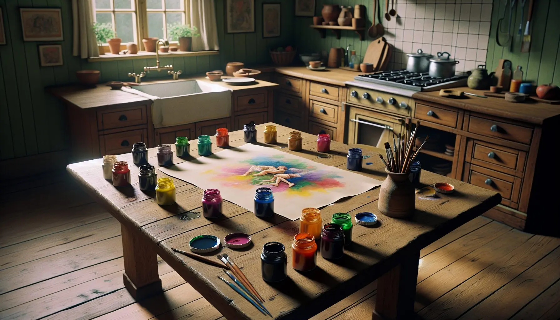 Generate an image of a beautifully painted sheet of paper drying on a table, with small pots of natural dyes around.