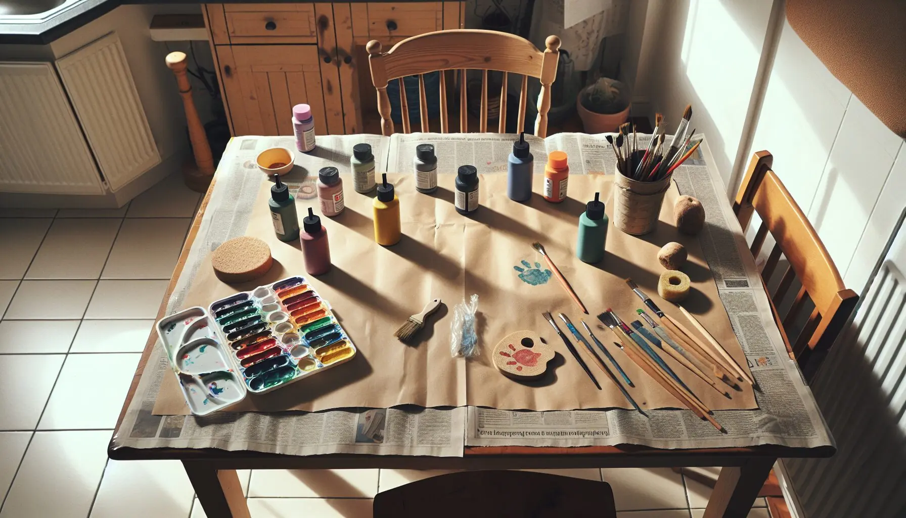 Generate an image of a child’s hands busy painting on a large sheet of paper using various colors and tools.