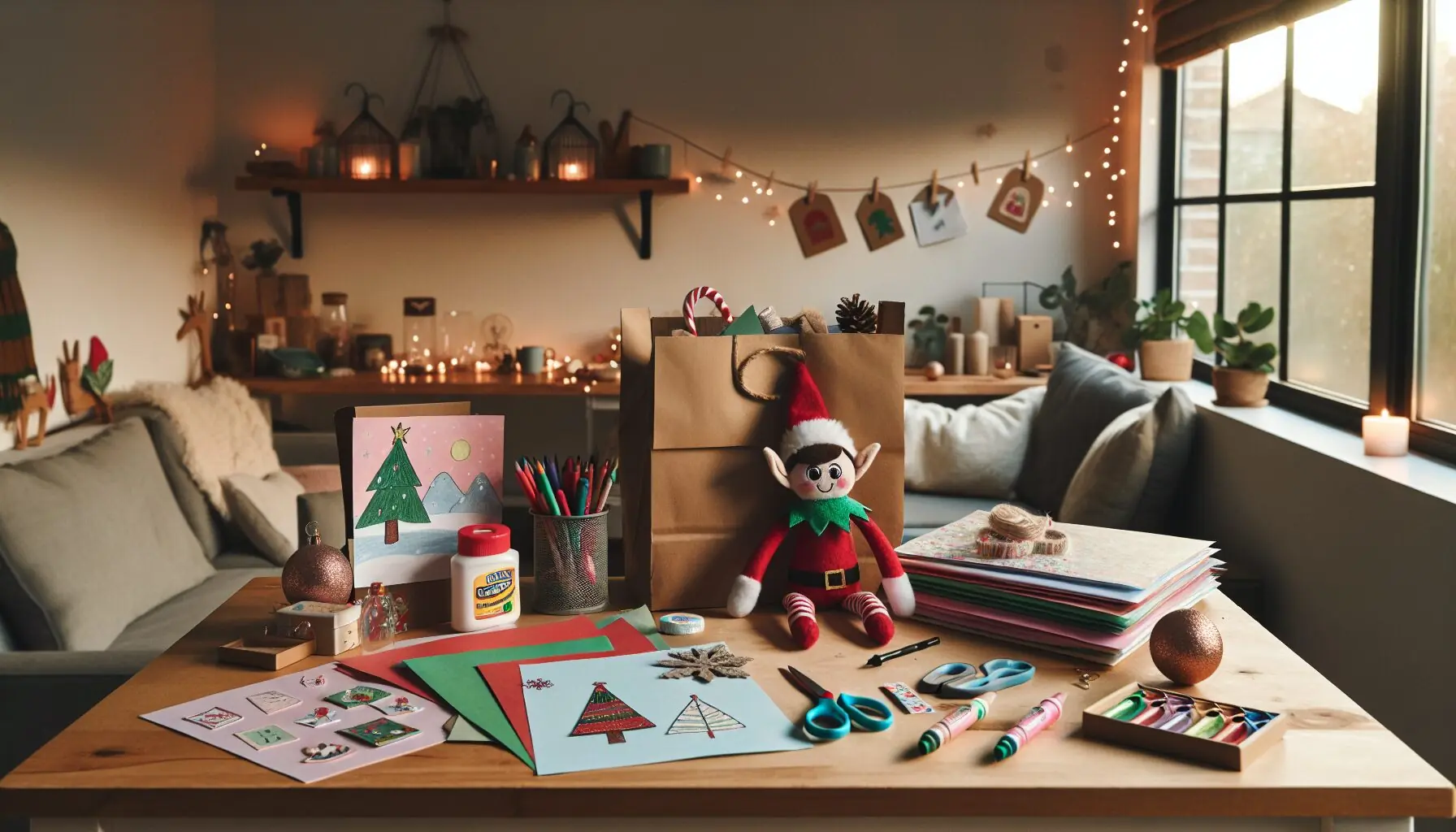 Imagine an artistic holiday desk setup with an elf toy surrounded by festive craft supplies and holiday decorations.