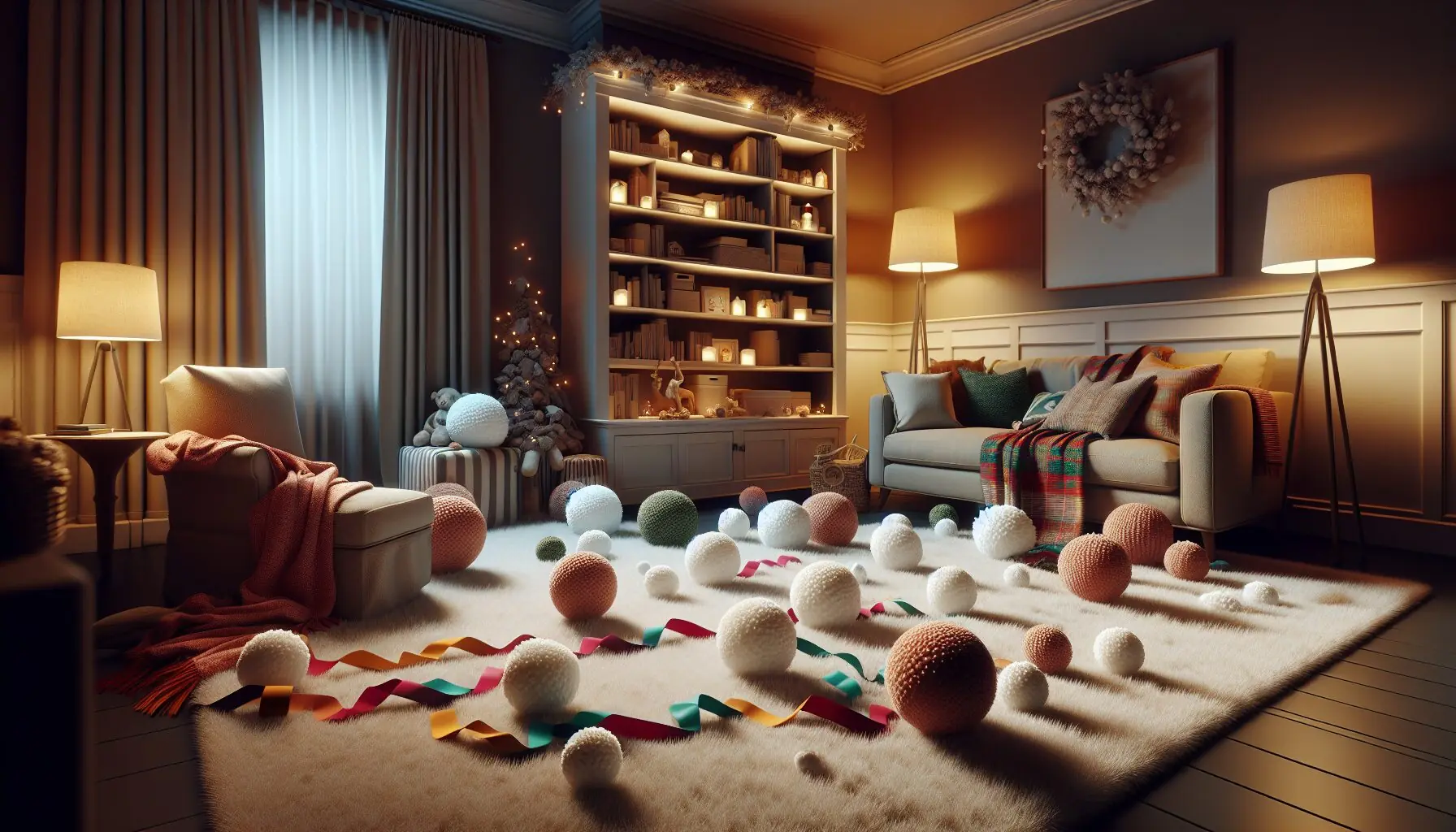 Generate an image of a cozy family room setup with fabric snowballs and colorful ribbons for play.