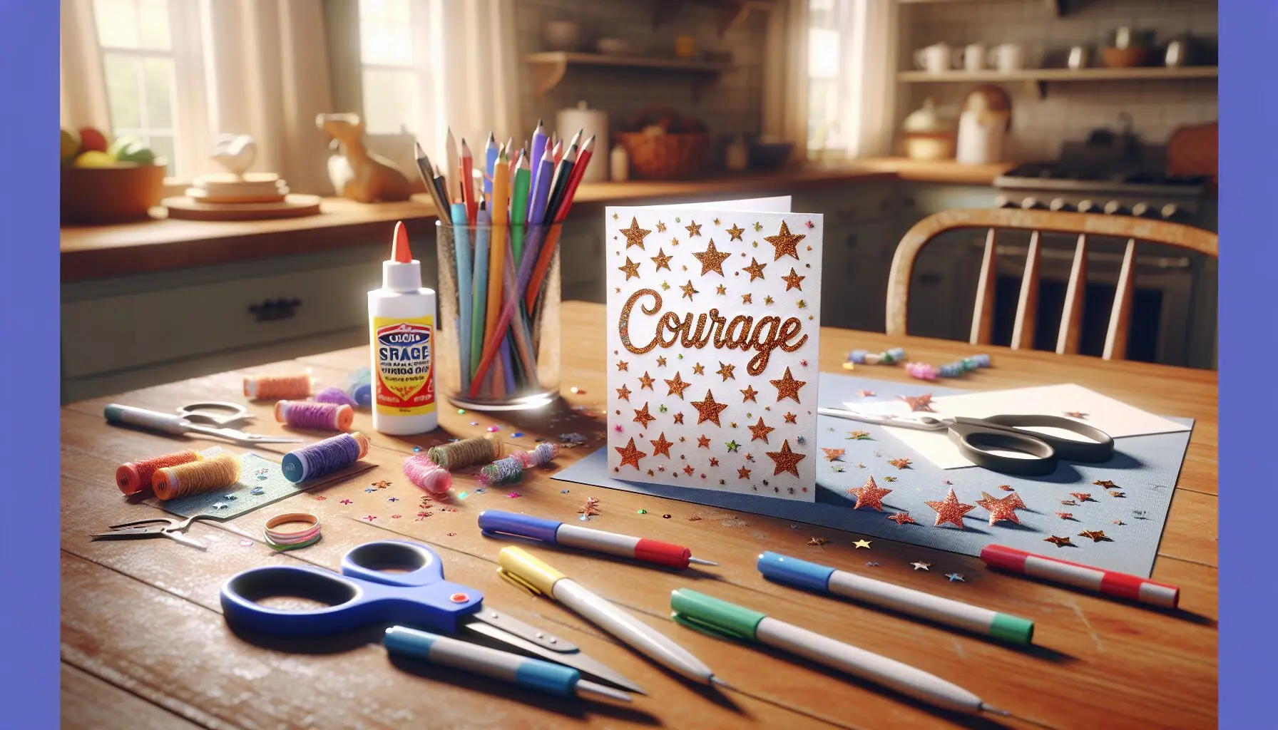 Produce an image depicting a vibrant, cheerful illustration of a courage card with stars and glitter.