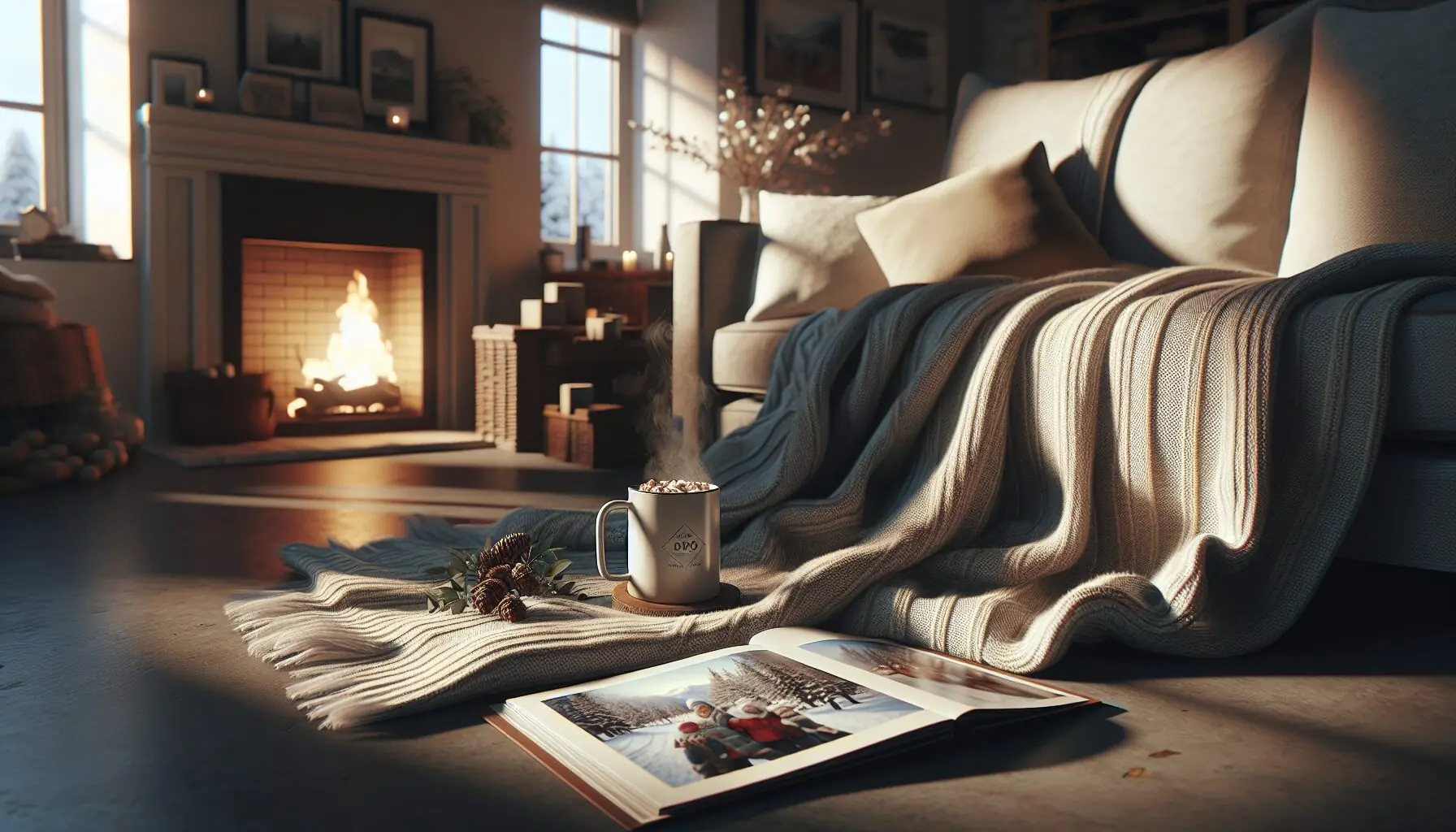Create an image of an inviting corner setup with a cozy blanket, a steaming mug of cocoa, and a photo album.