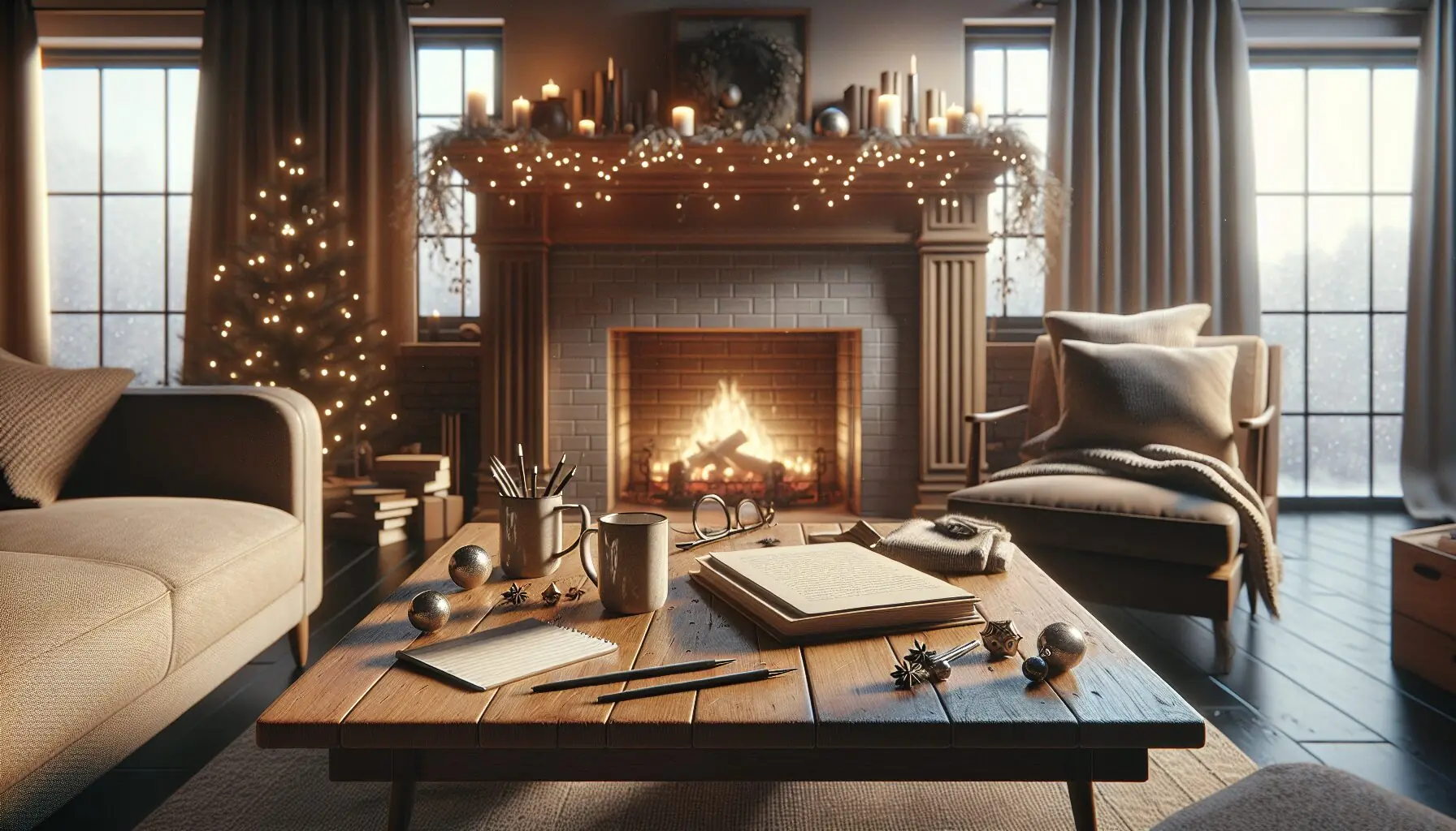 Generate an image of a cozy family room with a fireplace, adorned with Christmas decorations, focusing on books and notepads on a coffee table.
