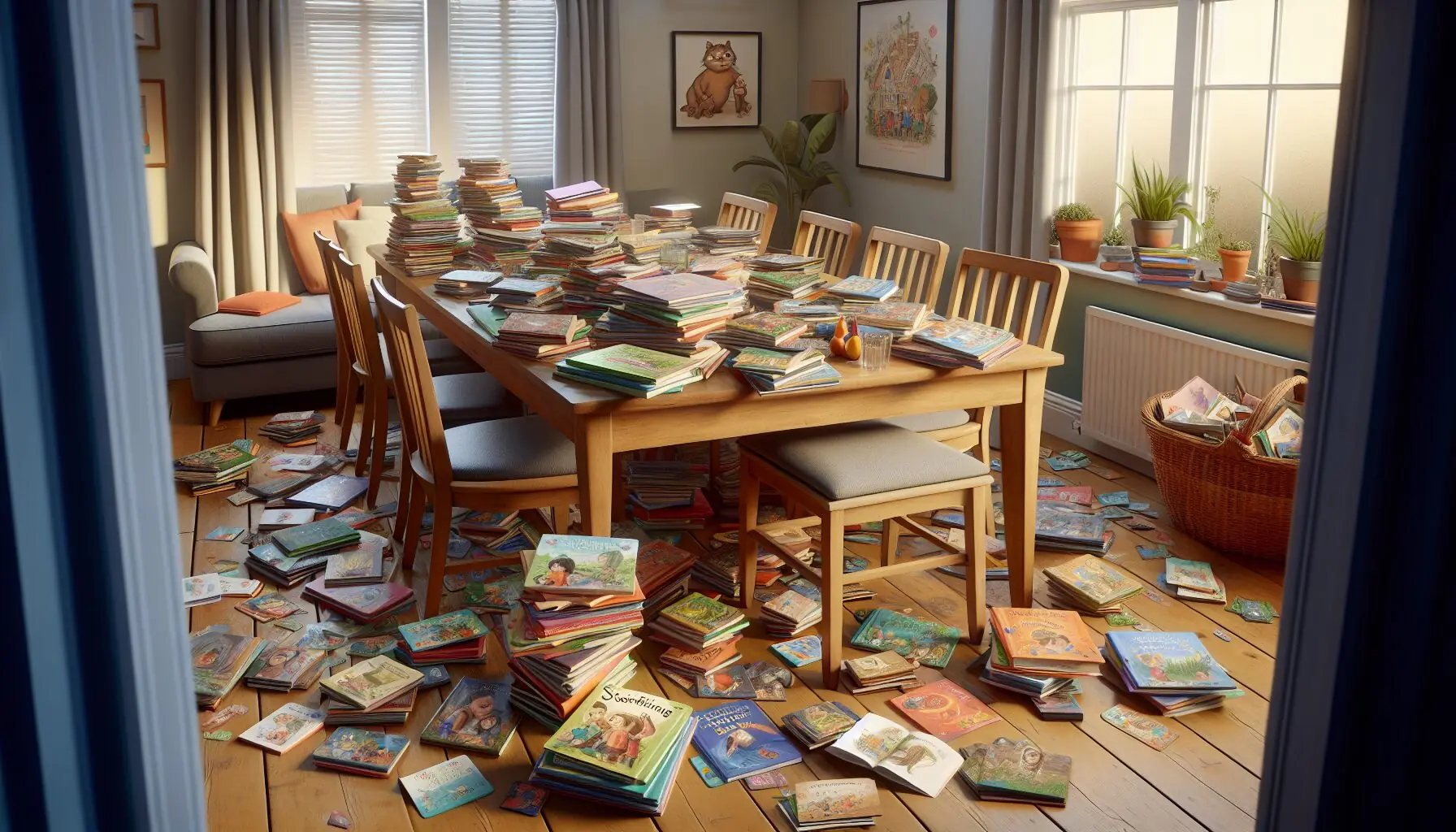 Generate an image of books and storytelling cards spread out on a family dining table.