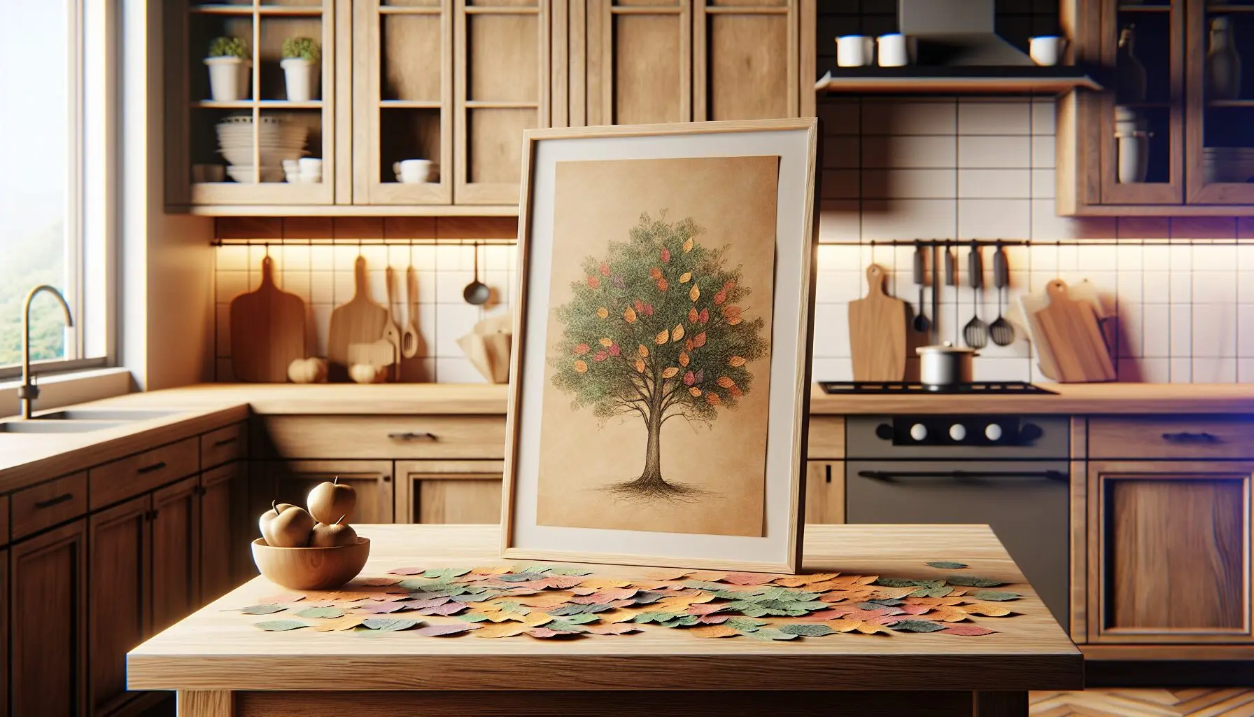 Generate an image of a poster board with a tree sketch, surrounded by colorful leaves made of paper.