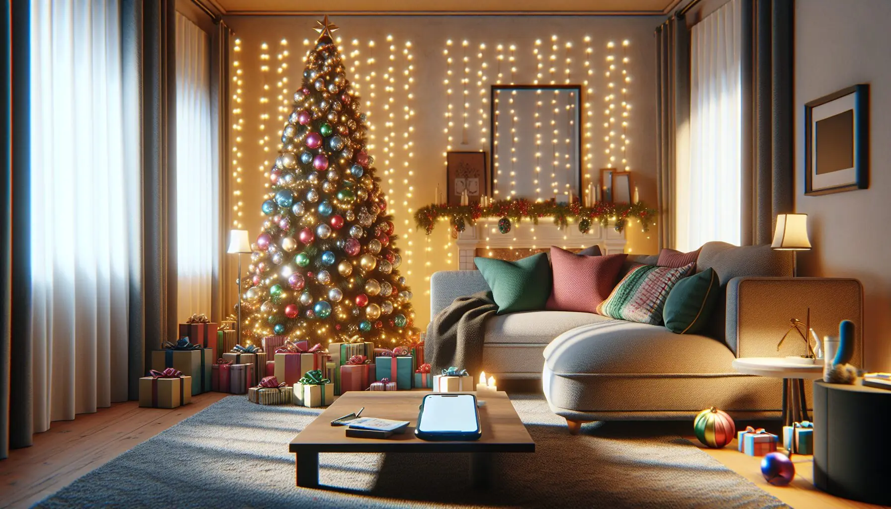 Generate an image of a cozy living room with holiday decorations and a smartphone on a side table.