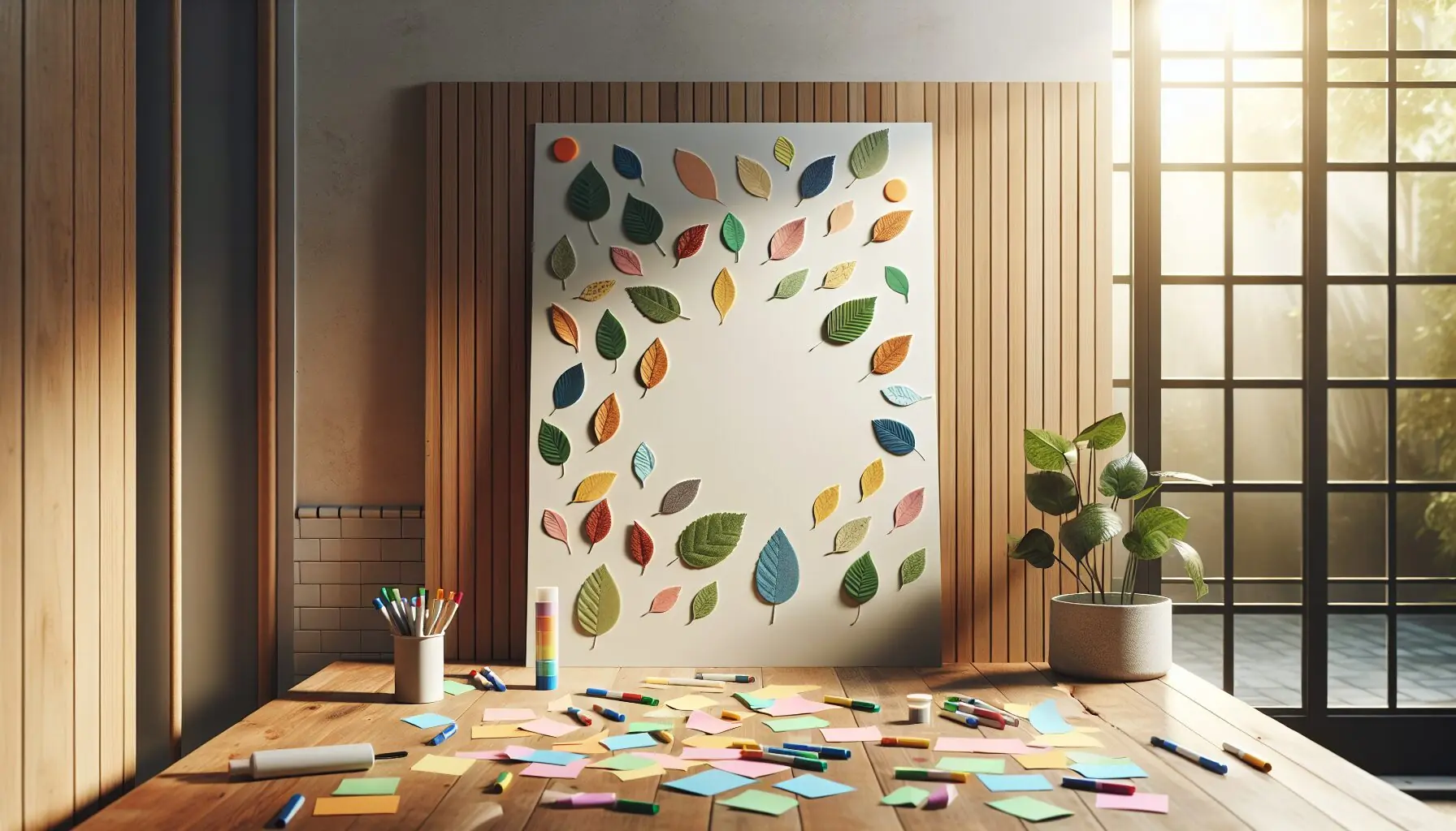 Generate an image of colorful sticky notes shaped like leaves, with words of kindness written on them.