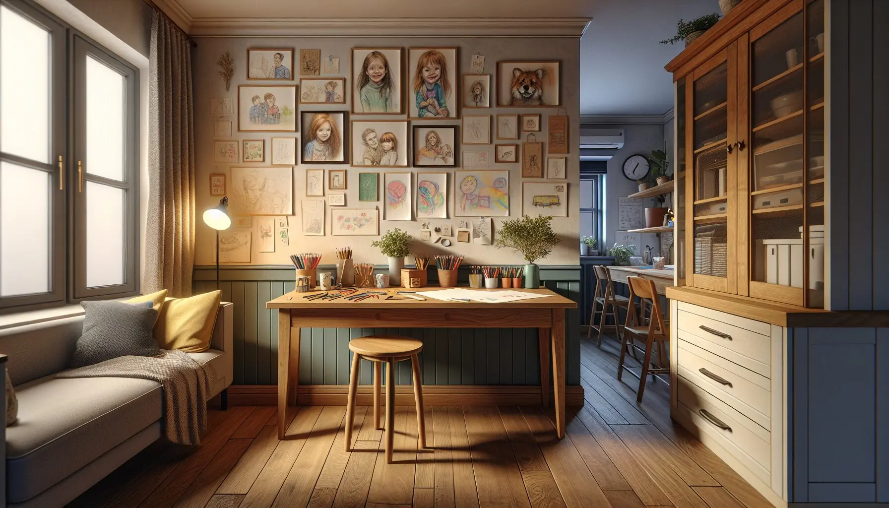 Visualize a cozy corner with family drawings hanging on the wall, glowing in soft light, with a table subtly decorated with art tools.