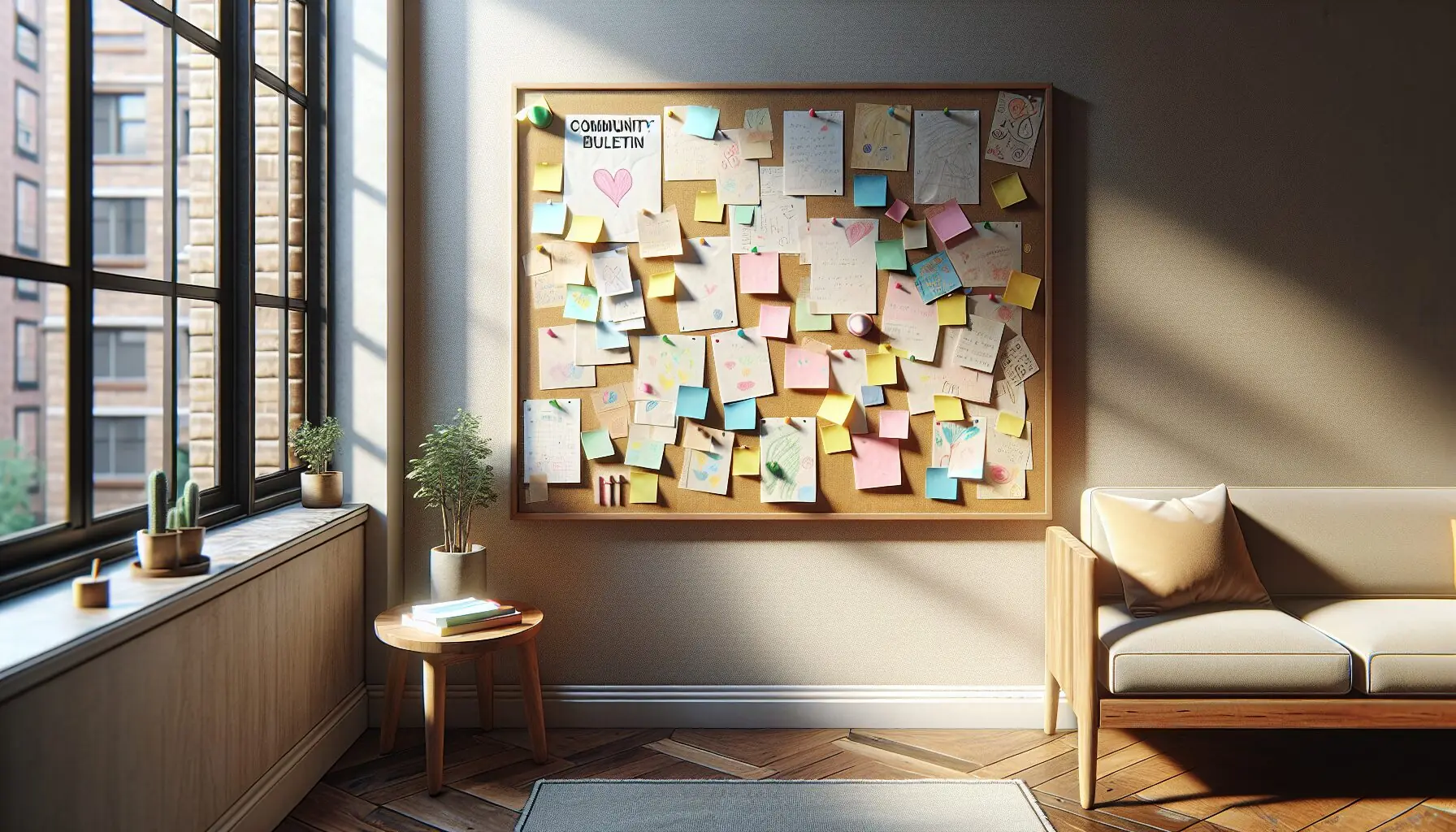 Generate an image of a community bulletin board with sticky notes and drawings pinned on it.