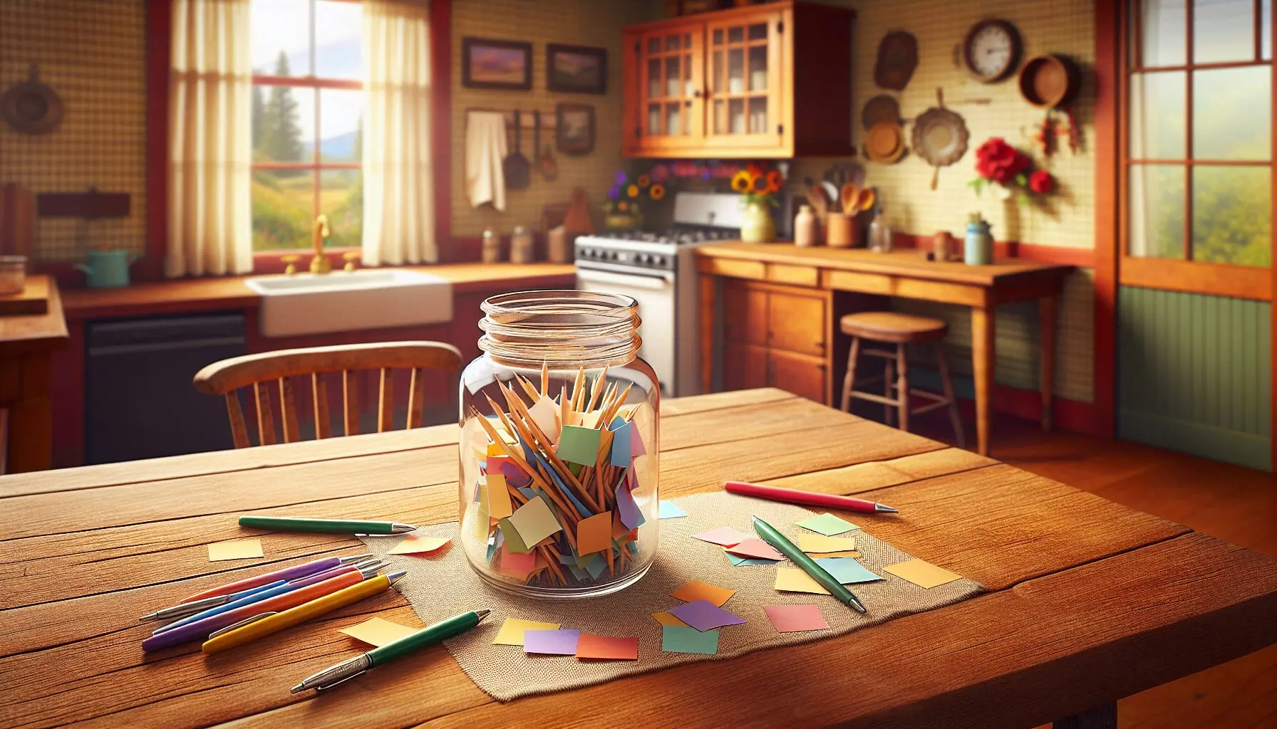 Generate an image of a clear jar surrounded by colorful paper slips and pens on a wooden table.