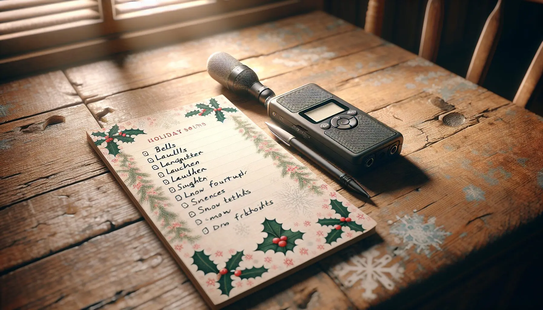 Generate an image of a simple handheld recorder and a list of holiday sounds written on a festive notepad.
