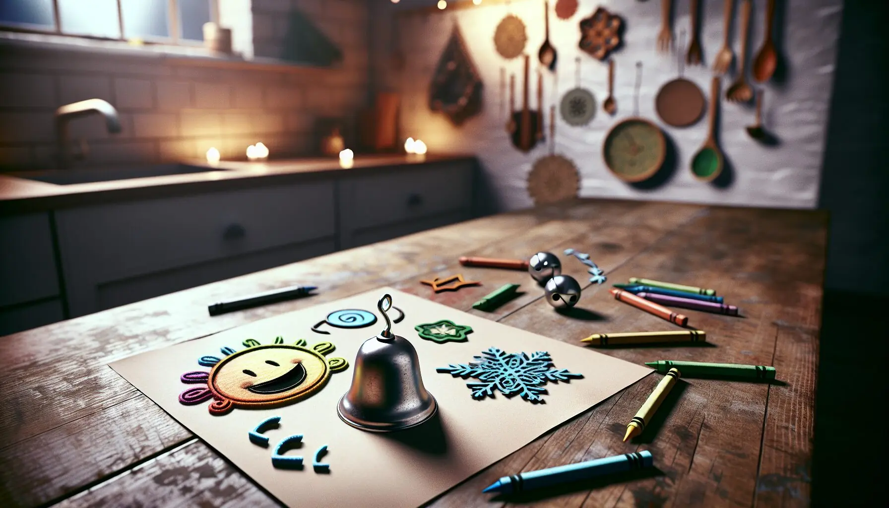 Generate an image of illustrated icons representing different sounds: bells, laughter, and snowflakes.