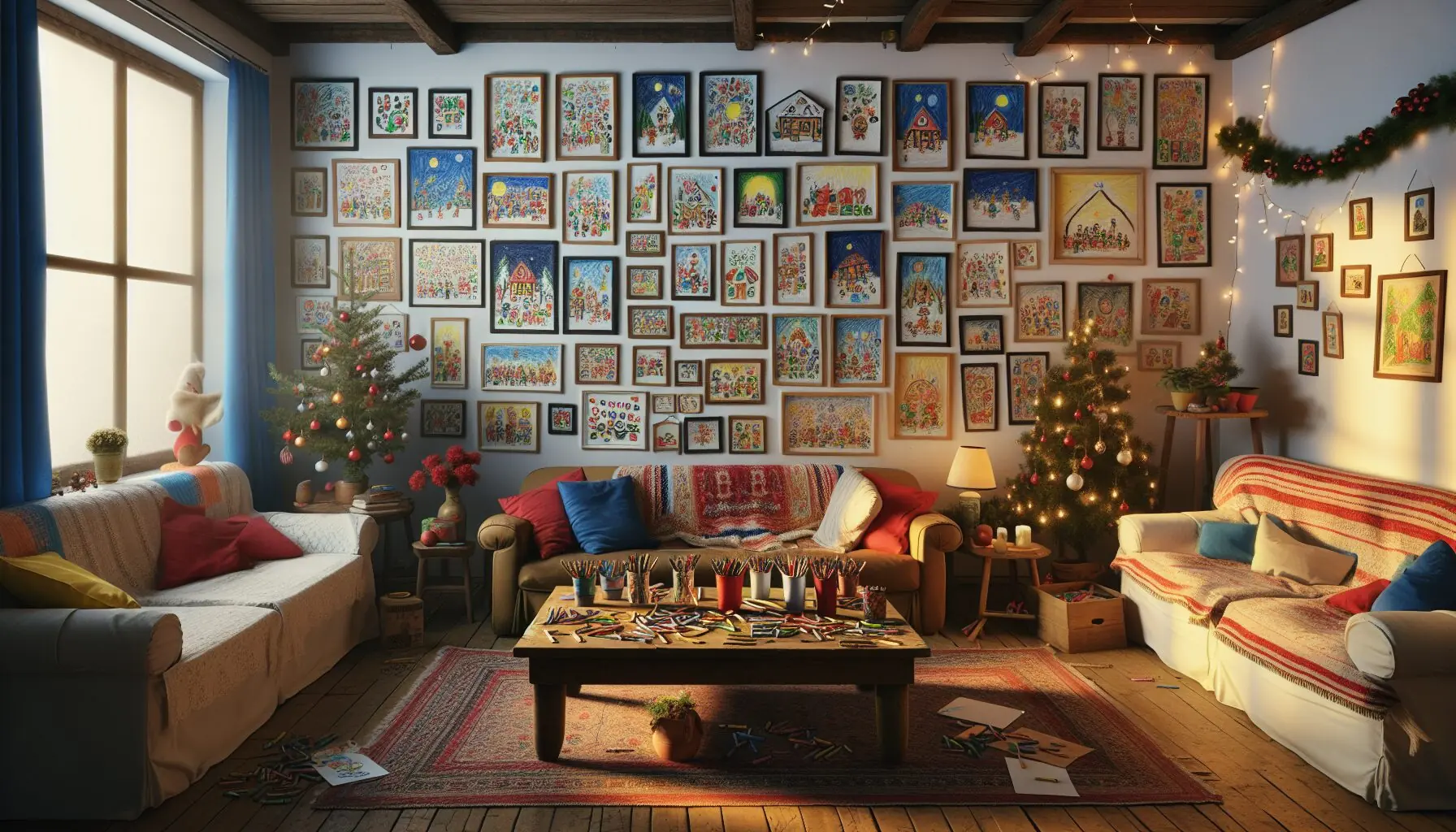 Depict a string of colorful, childlike drawings representing holiday traditions being showcased as part of a festive, family décor setting.