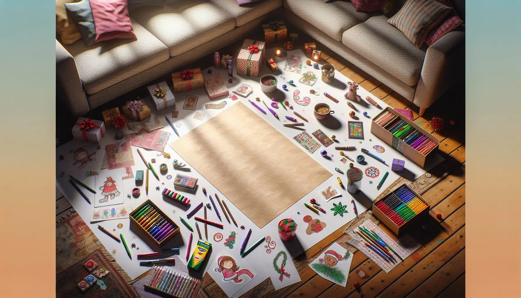 Create an illustration of art supplies scattered across a floor, with crayons, markers, paper, and holiday stickers visible.