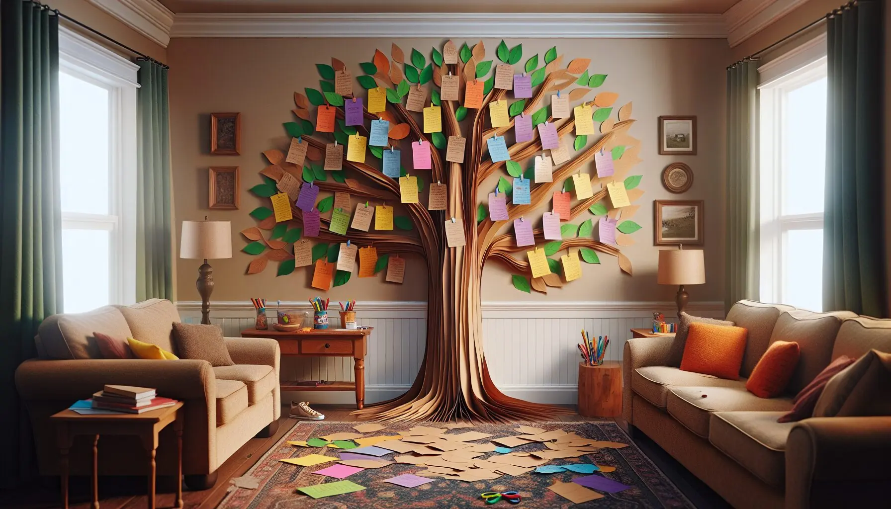 Generate an image of a completed Kindness Tree displayed on a wall, with colorful leaves filled with kind acts.