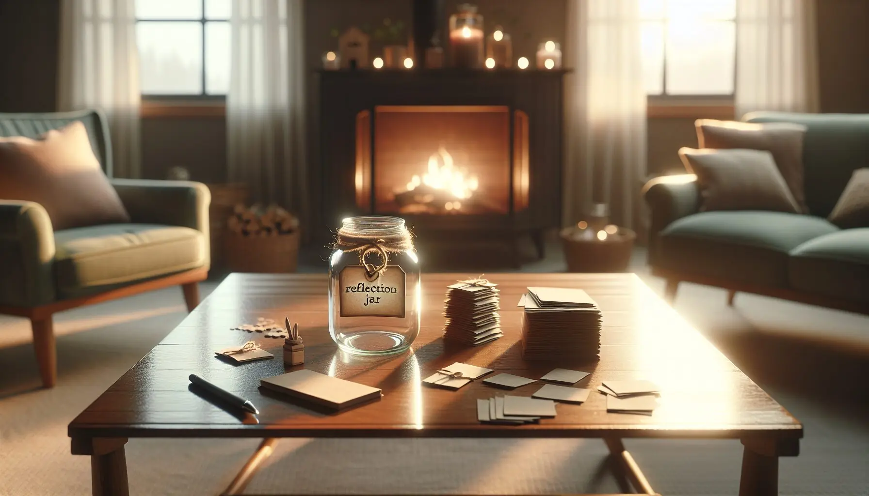 Generate an image of a family sitting together sharing stories with a warm glow from a fireplace.