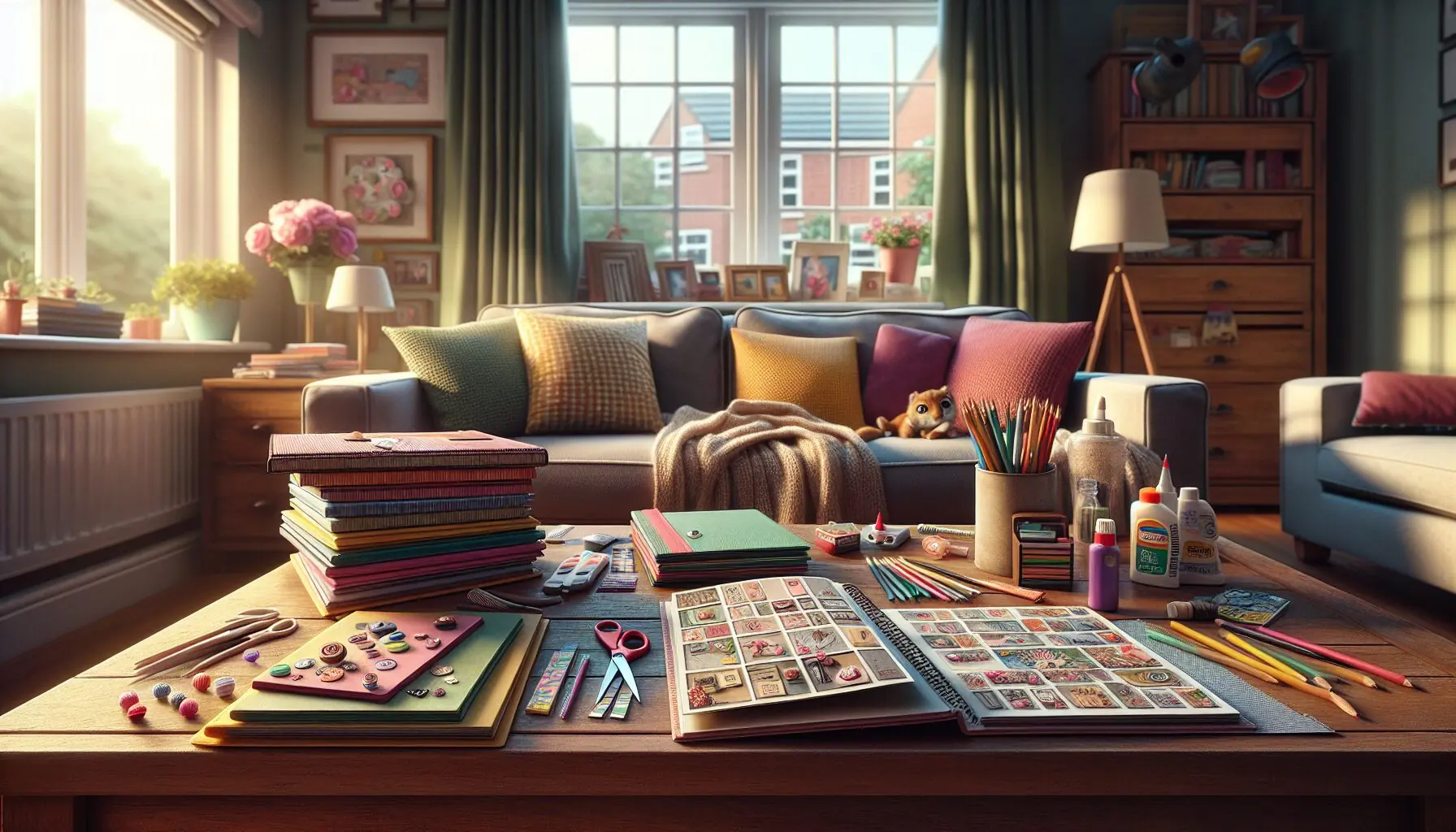 Generate an image of a warm, inviting living room with a group of scrapbooks stacked on a shelf, highlighting arts and crafts materials nearby.