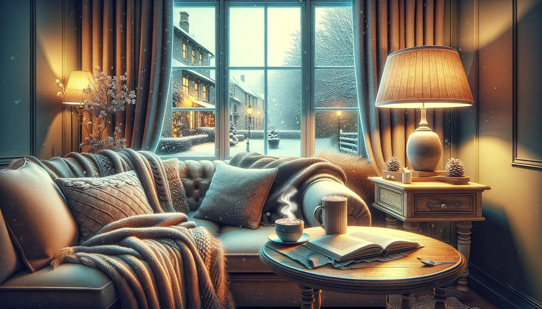 Generate an image of a cozy living room with snow gently falling outside a window.