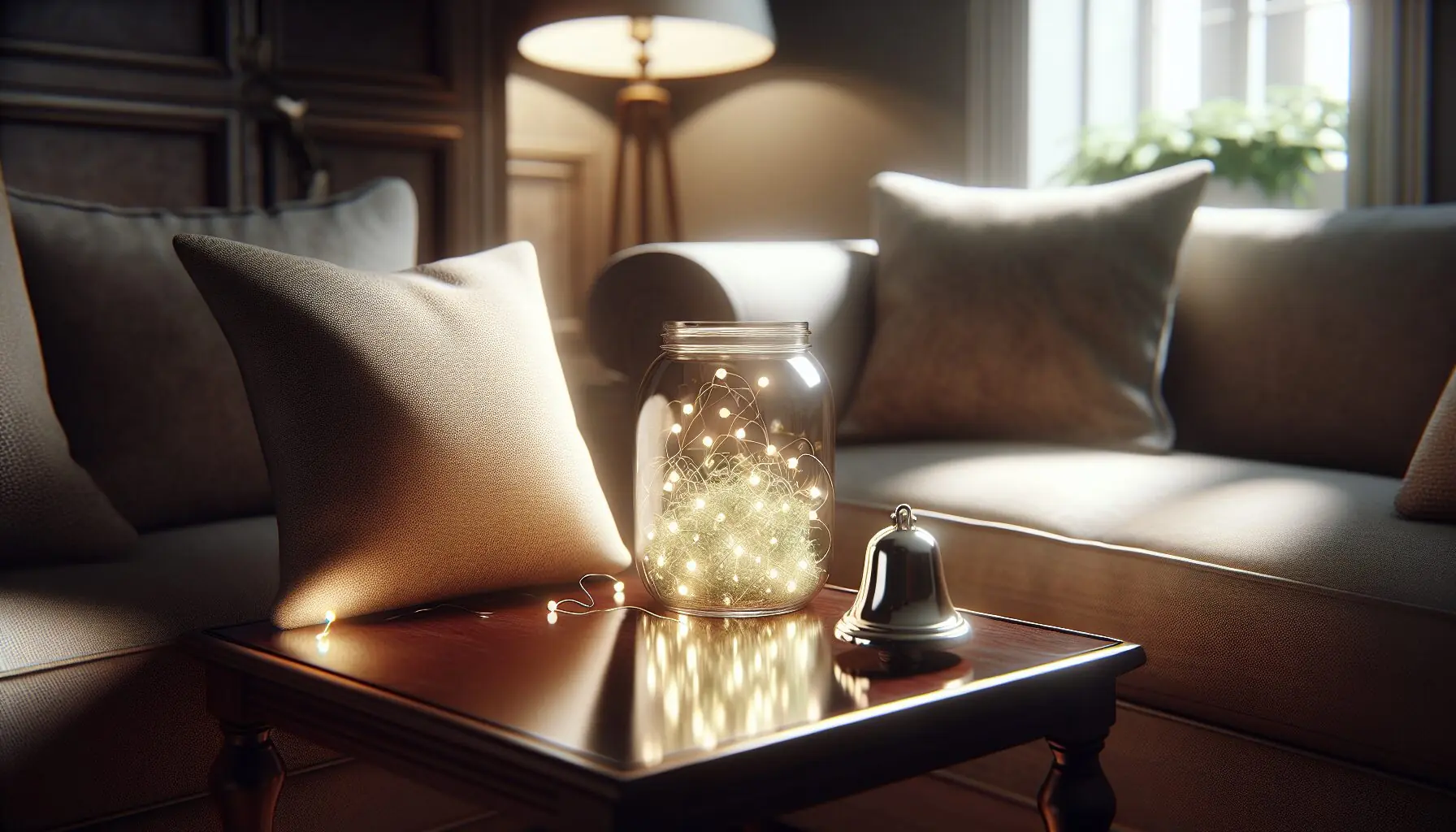 Generate an image of a jar of fairy lights glowing on a table beside a soft holiday bell.