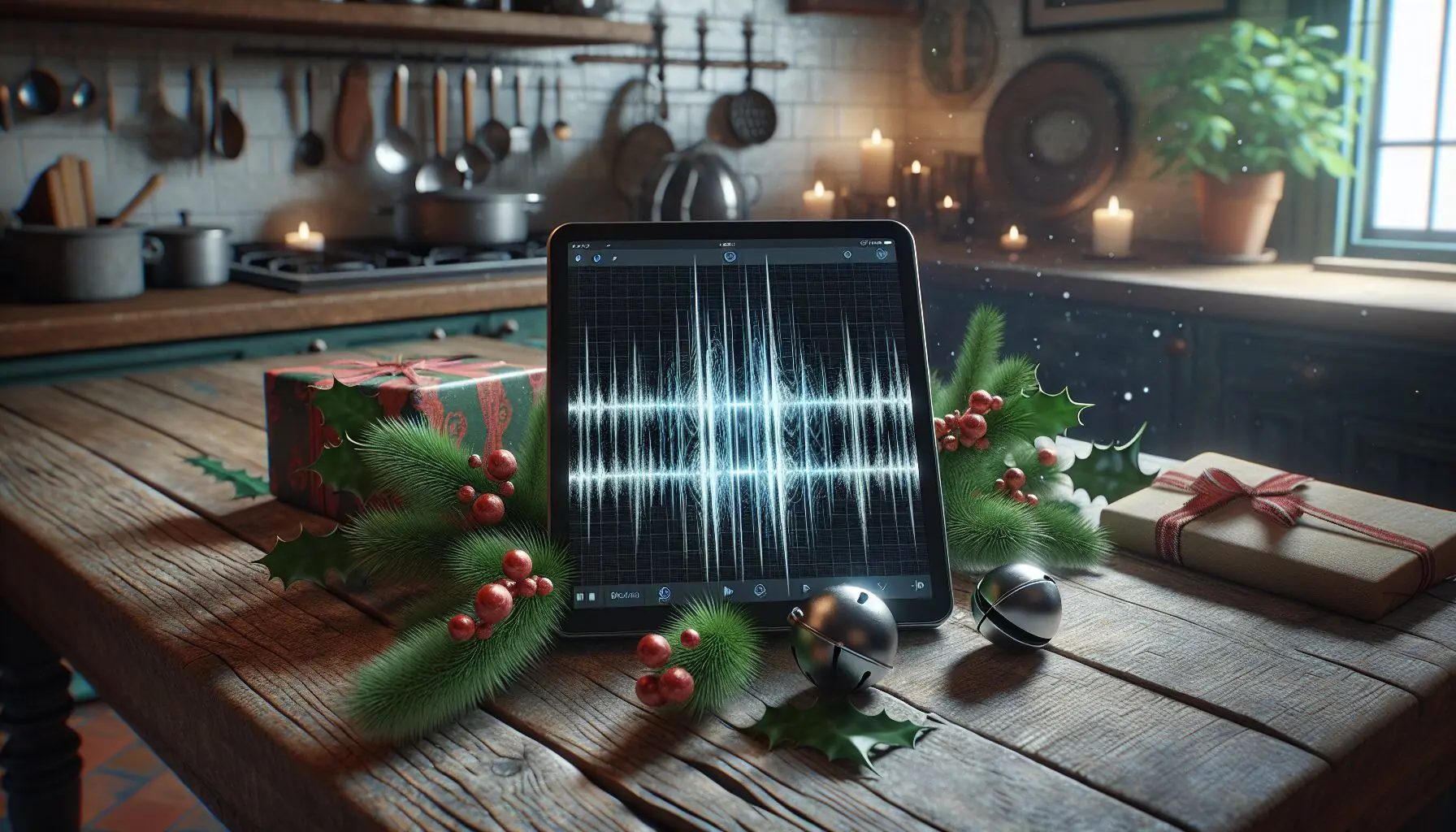 Generate an image of a digital audio wave pattern on a tablet screen with festive elements around it.