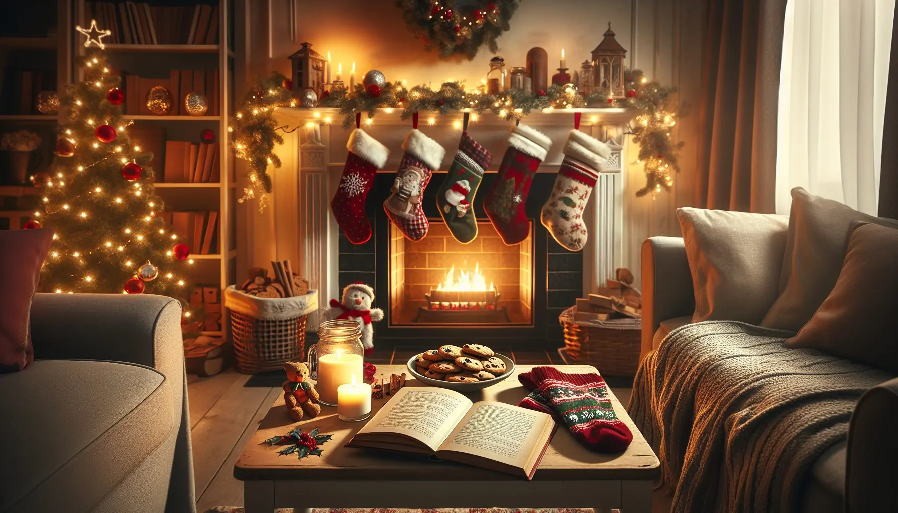 Generate an image of a cozy living room with a fireplace and holiday decorations scattered around.