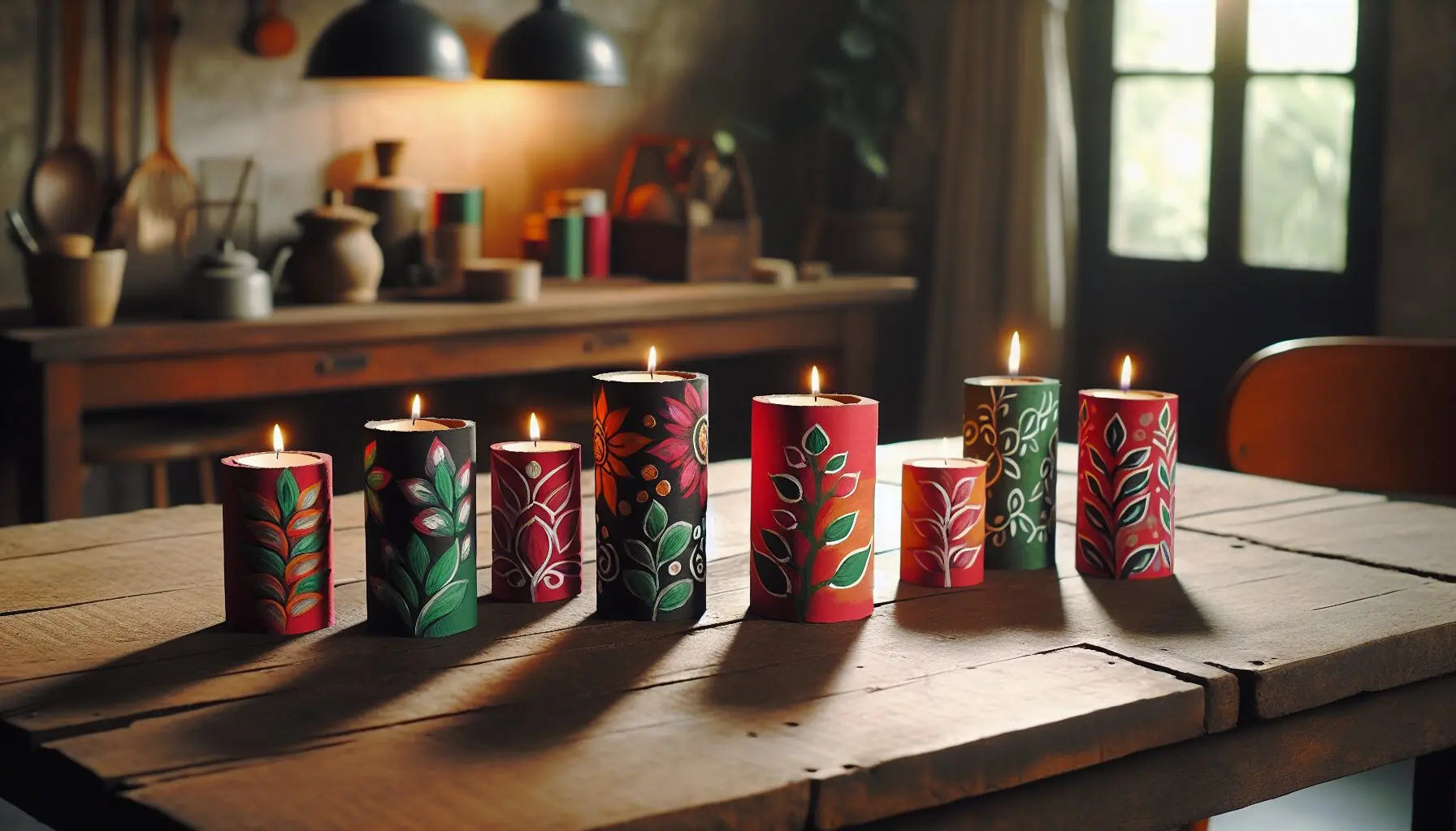 Generate an image of materials: painted toilet paper rolls arranged in a kinara style with tealight candles.