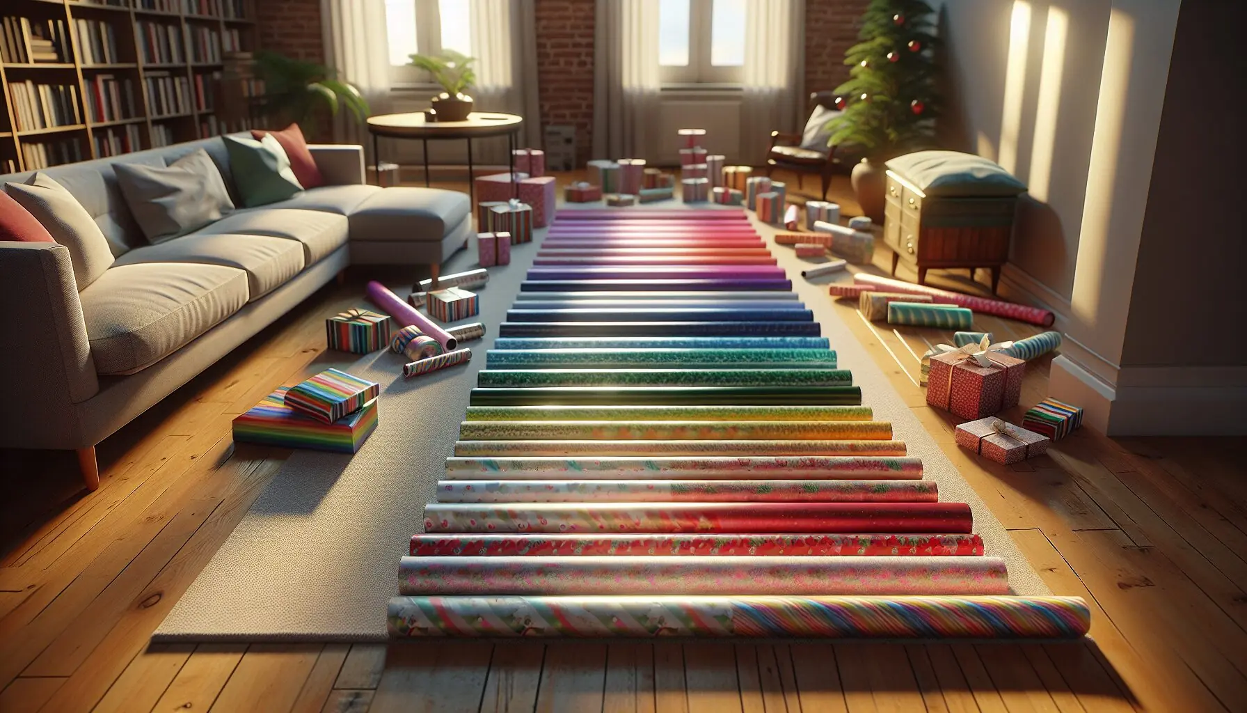 Create an image of colorful patterns of wrapping paper arranged in a rainbow sequence on a carpet.