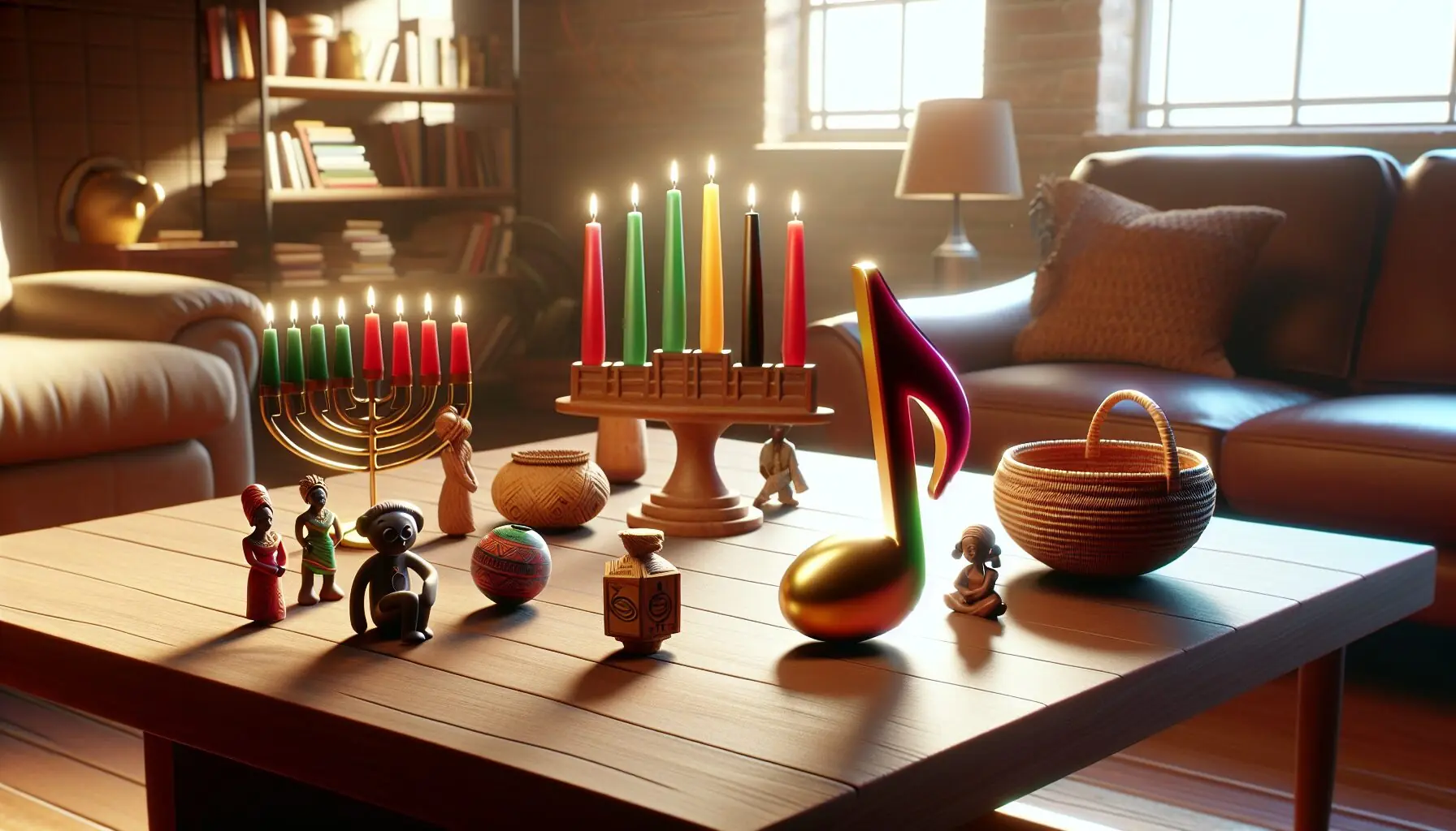 Generate an image of a vibrant musical note with cultural symbols surrounding it.