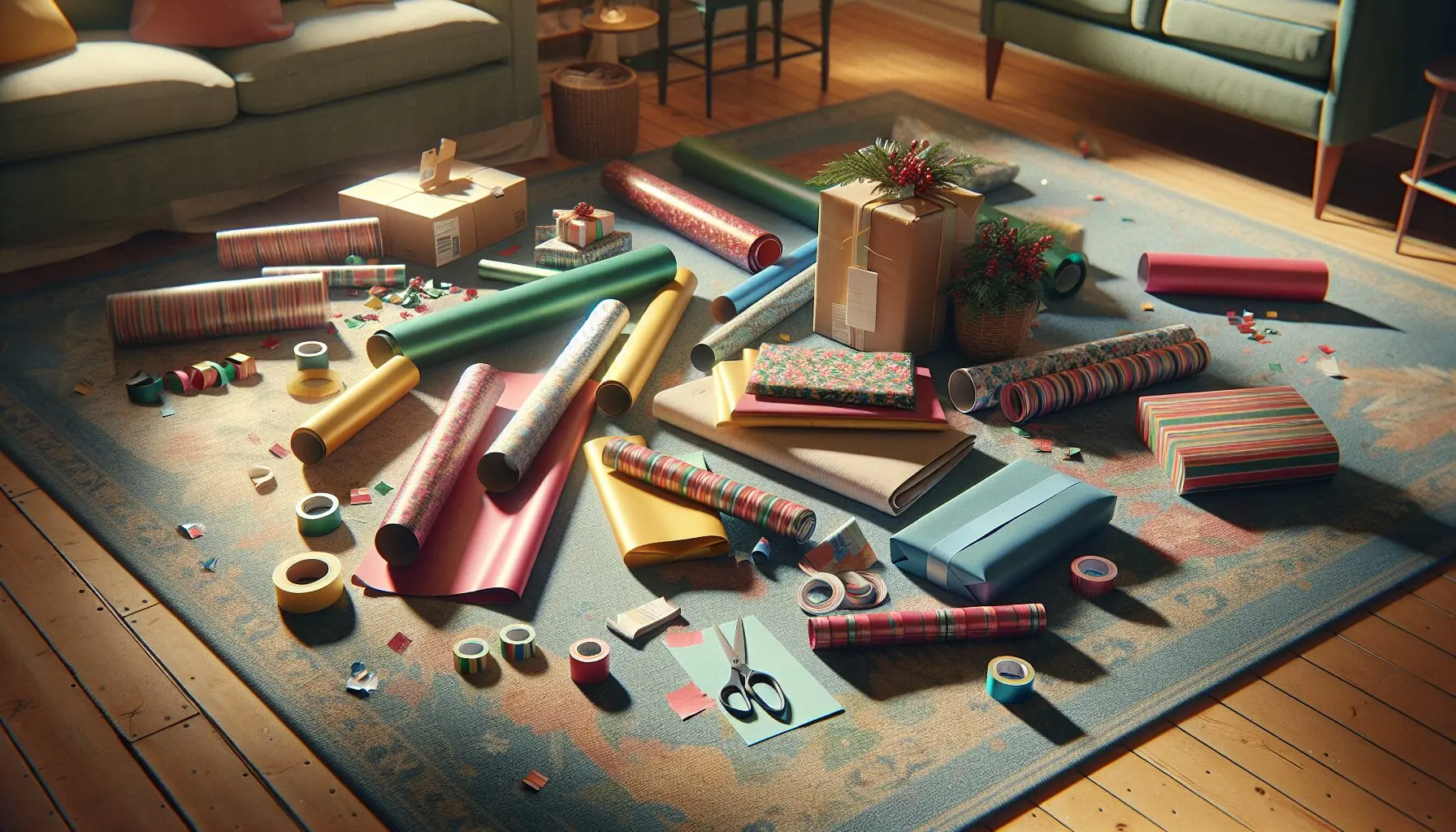 Picture an illustrated thought bubble showing a child smiling while organizing and counting colorful wrapping paper.