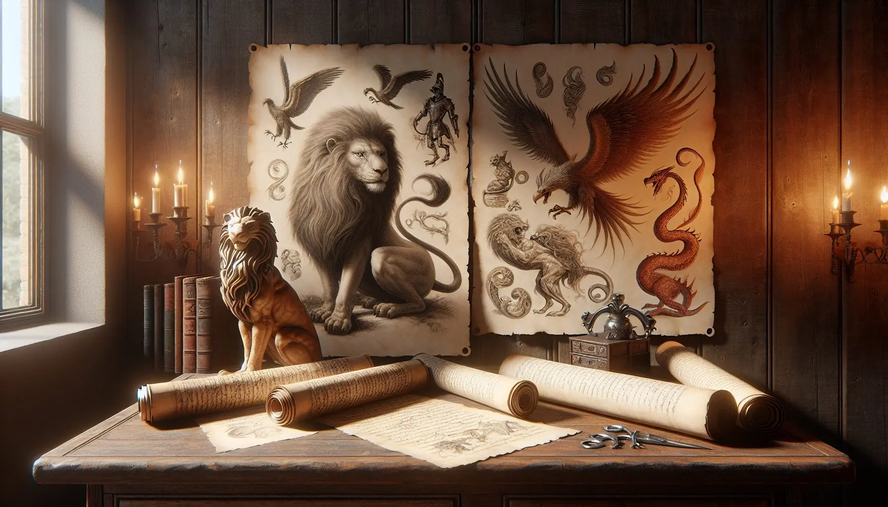 Generate an image of ancient scrolls and mythical creature illustrations spread out on a table.
