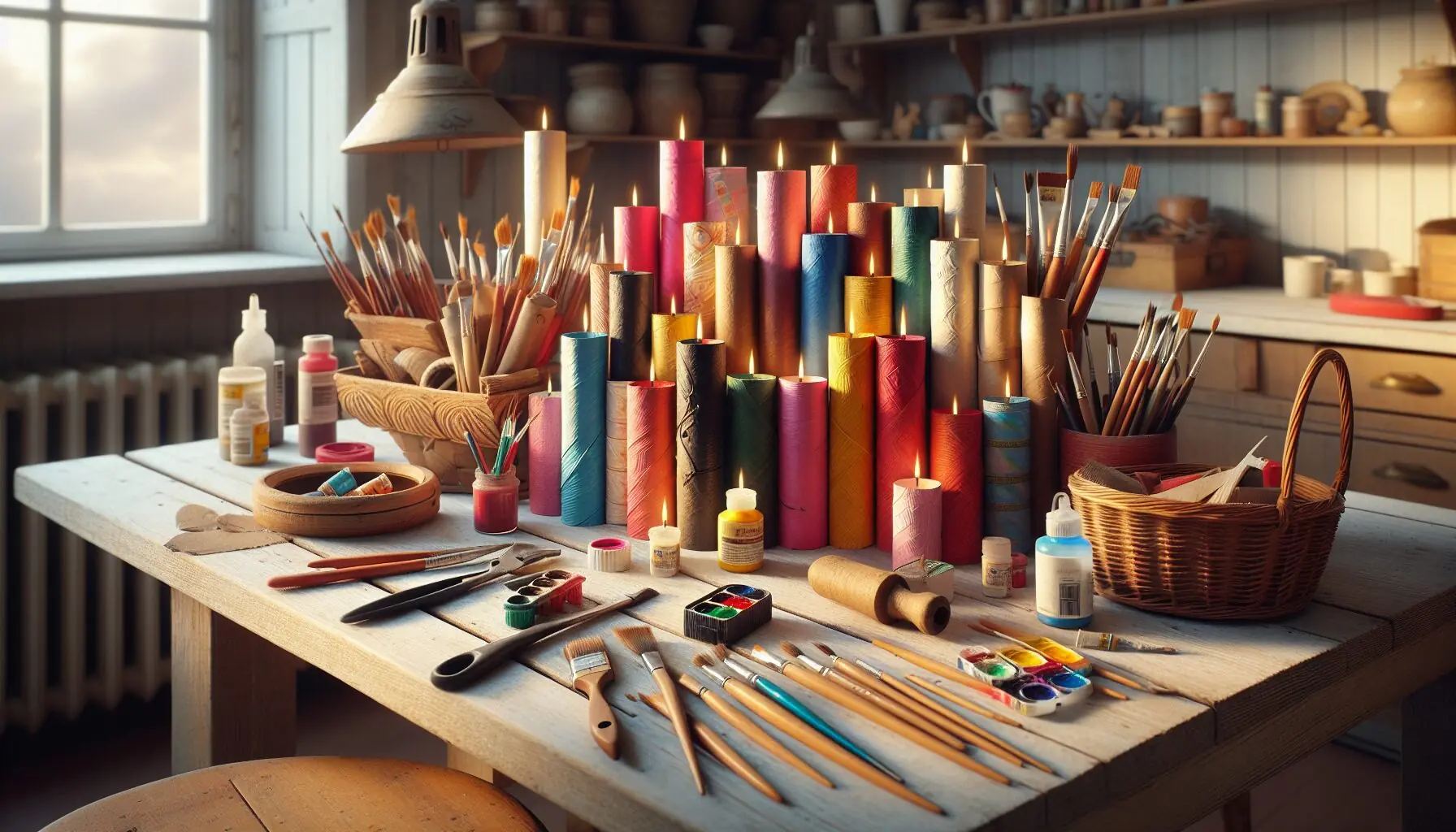 Generate an image of colorful paper tubes with paint and brushes on a crafting table.