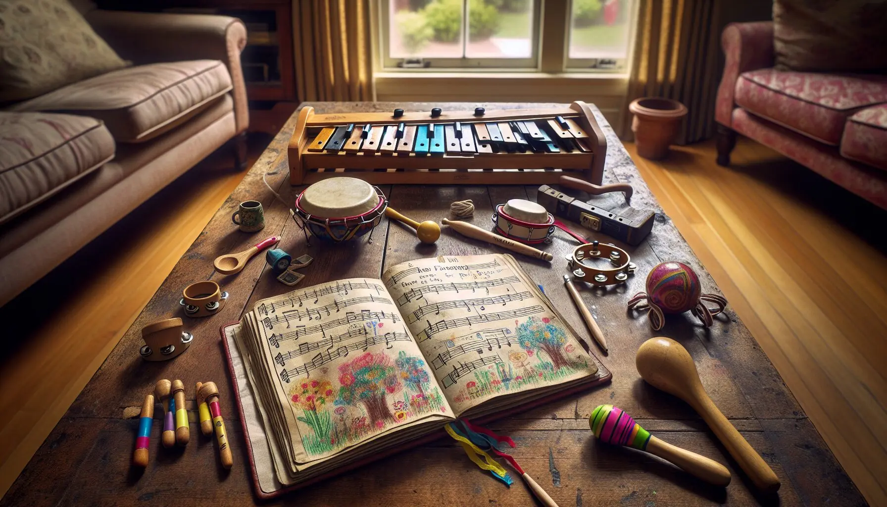 Generate an image of a family's beautiful handmade songbook, open among an array of instruments.