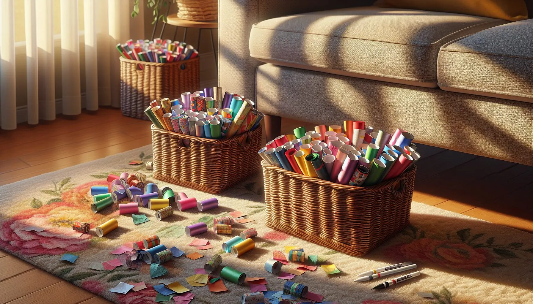 Generate an image of small baskets filled with sorted wrapping paper pieces, aligned neatly by color.