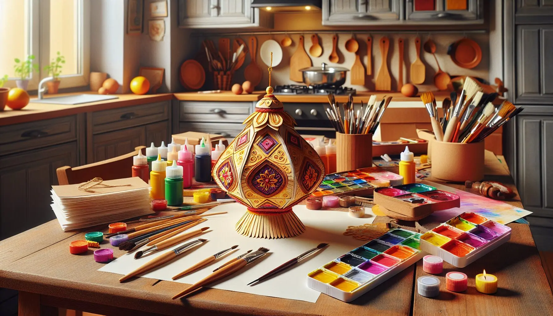 Generate an image of crafted kinara surrounded by art supplies like paint and brushes.