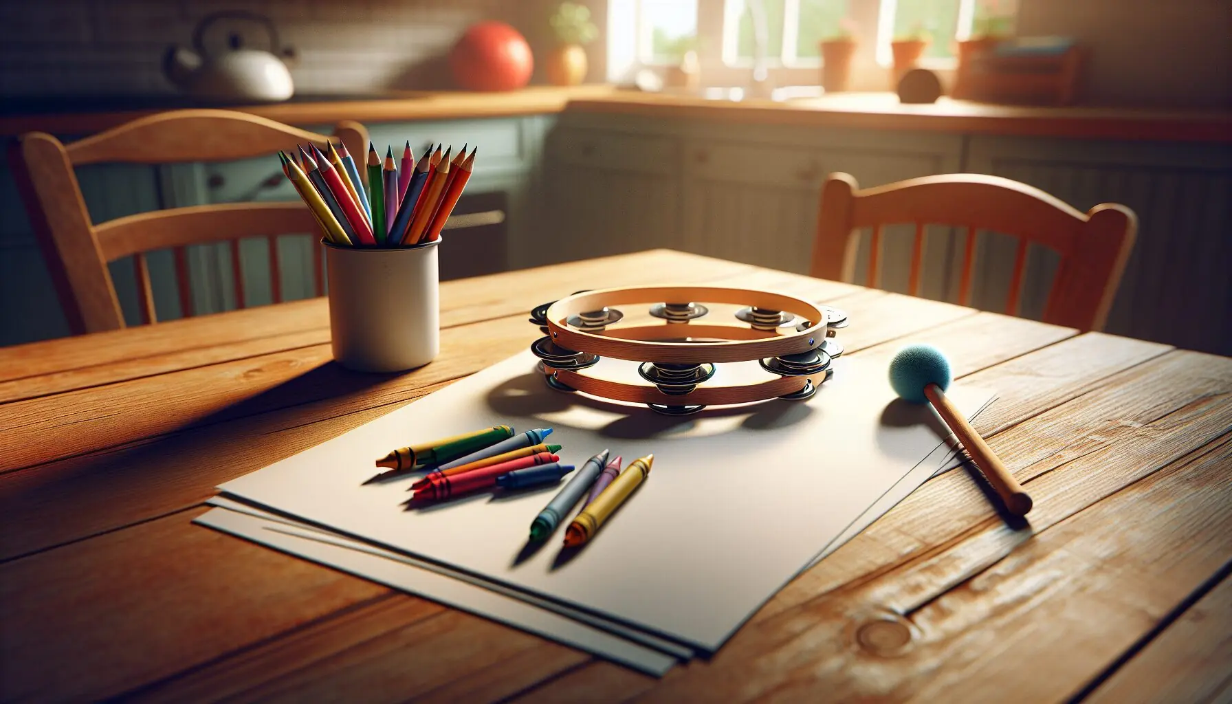 Generate an image of a handmade tambourine or shaker, along with crayons and paper.
