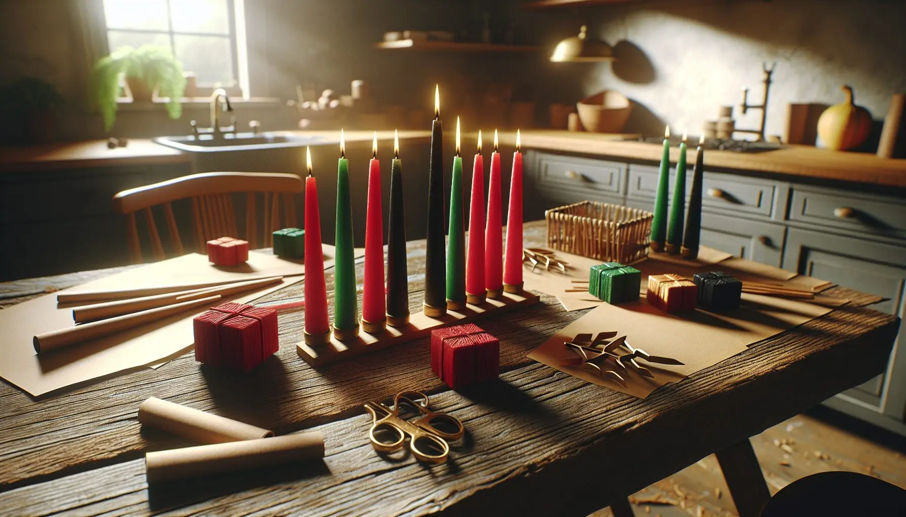 Generate an image of decorative candles and craft paper in Kwanzaa colors (black, red, green).