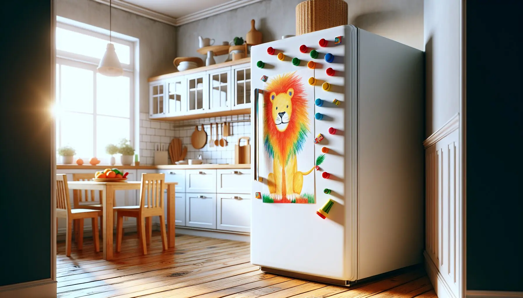 Produce an image of a young child's artwork featuring a lion as a brave symbol, displayed with kitchen magnets on a fridge.