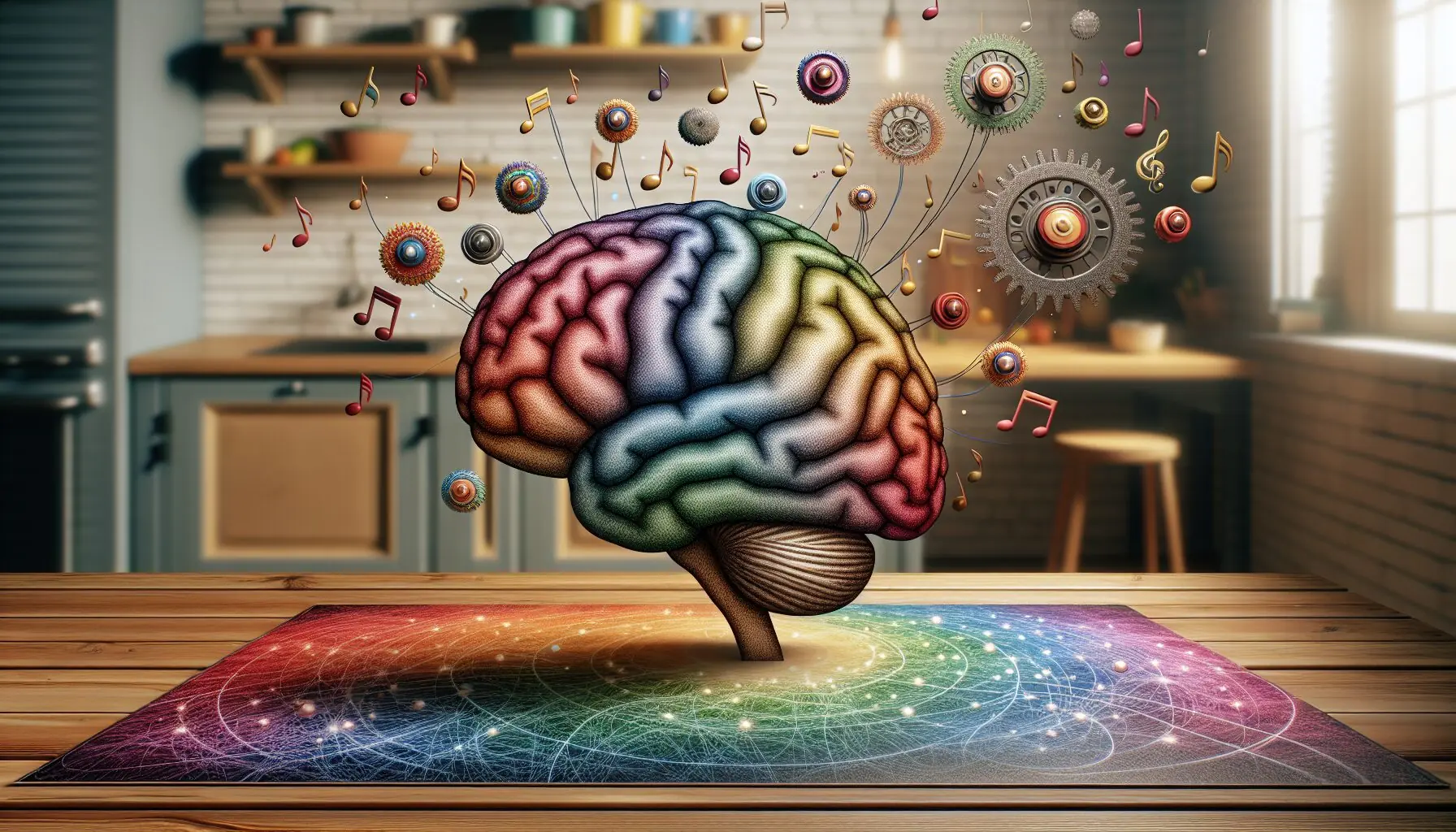 Generate an image of a brain with musical notes and colorful cogs to symbolize development.