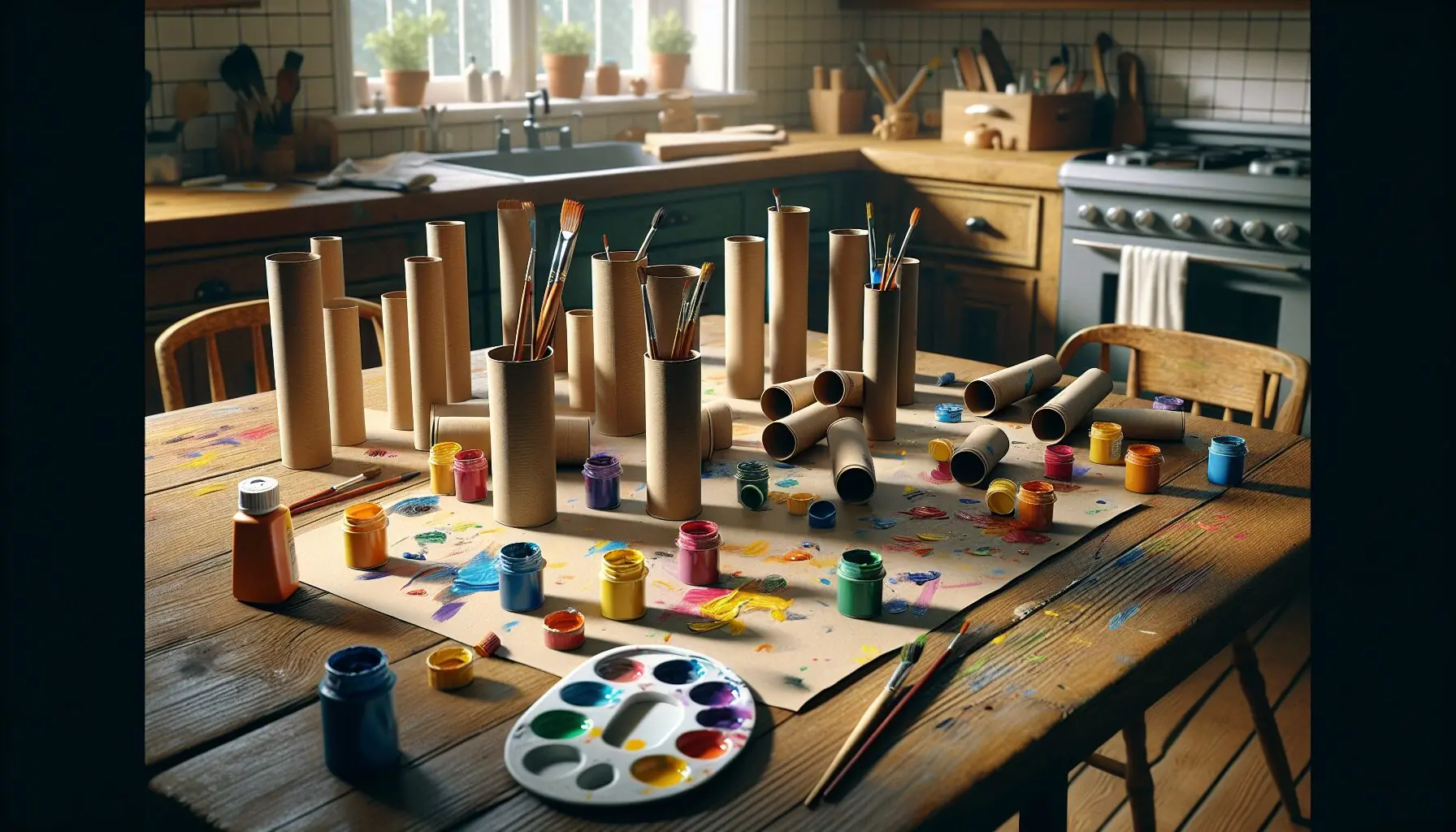 Generate an image illustrating hands painting and assembling cardboard tubes with scattered paint bottles.