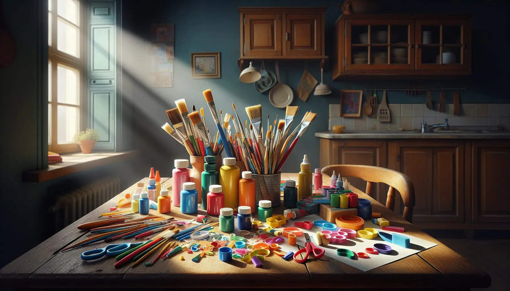 Generate an image of colorful art supplies like paints, brushes, and paper on a well-organized crafting station.