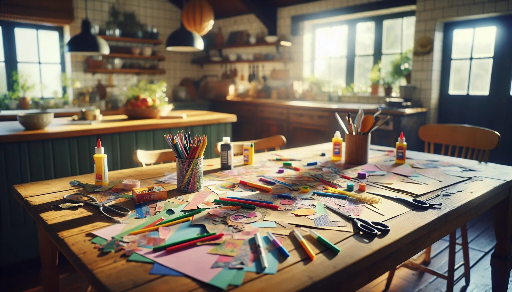 Create an image of a large sheet of paper with colored markers and cut-out magazine pieces around it.