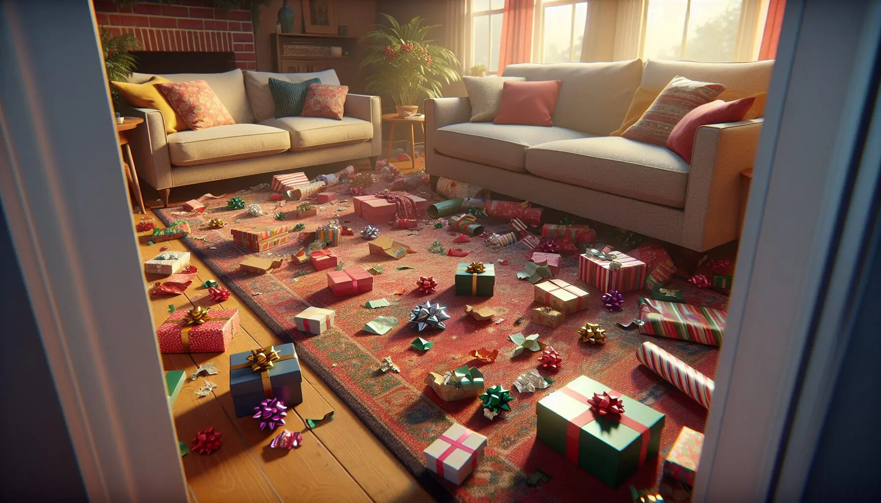 Imagine a living room scattered with colorful wrapping paper, representing the chaotic post-holiday scene.