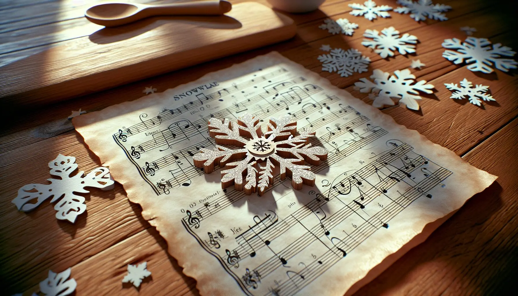 Generate an image of a snowflake-themed music sheet with notes and clefs surrounded by snowflakes.
