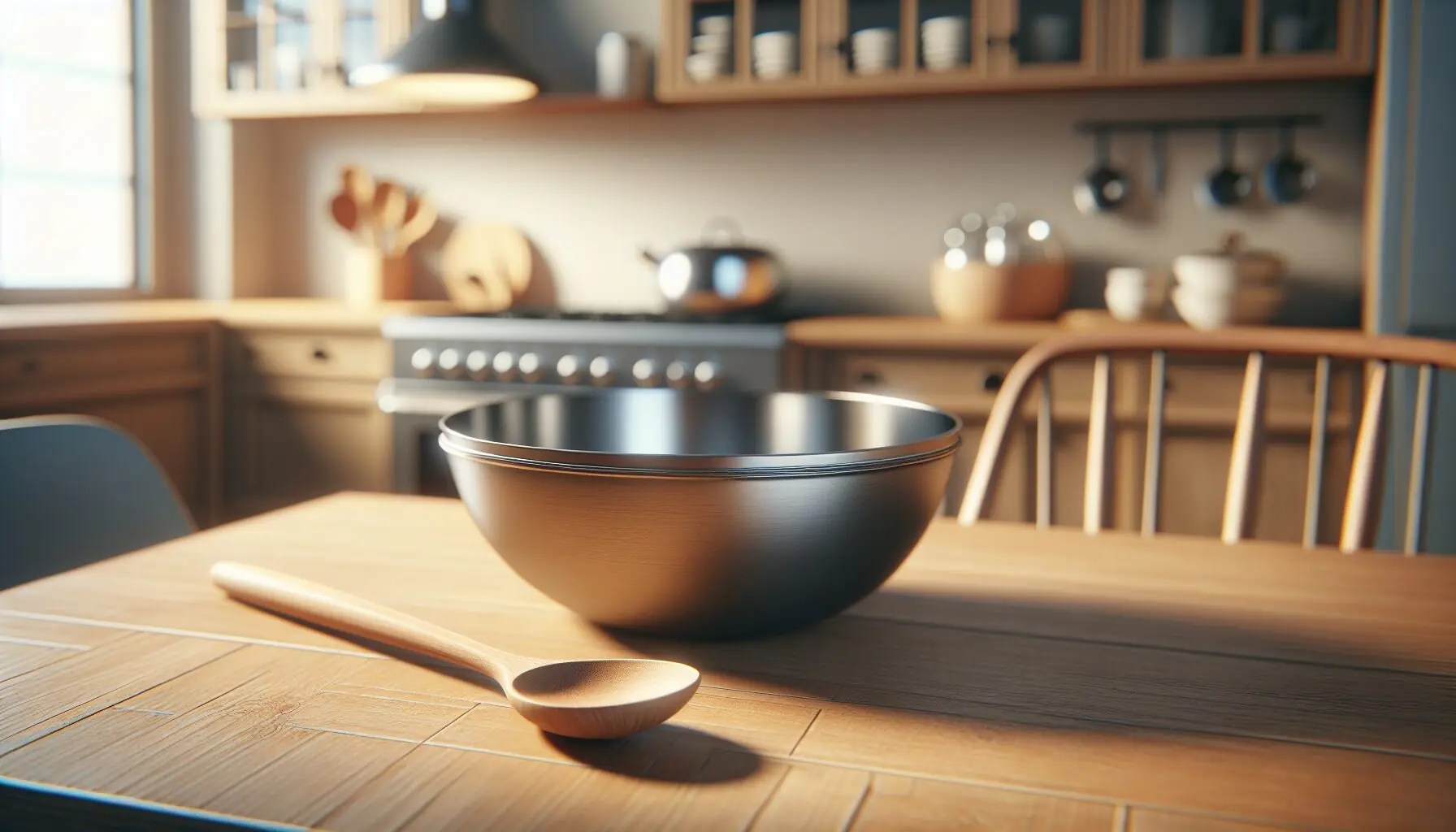 Generate an image of a wooden spoon and metal mixing bowl on a wooden kitchen table.